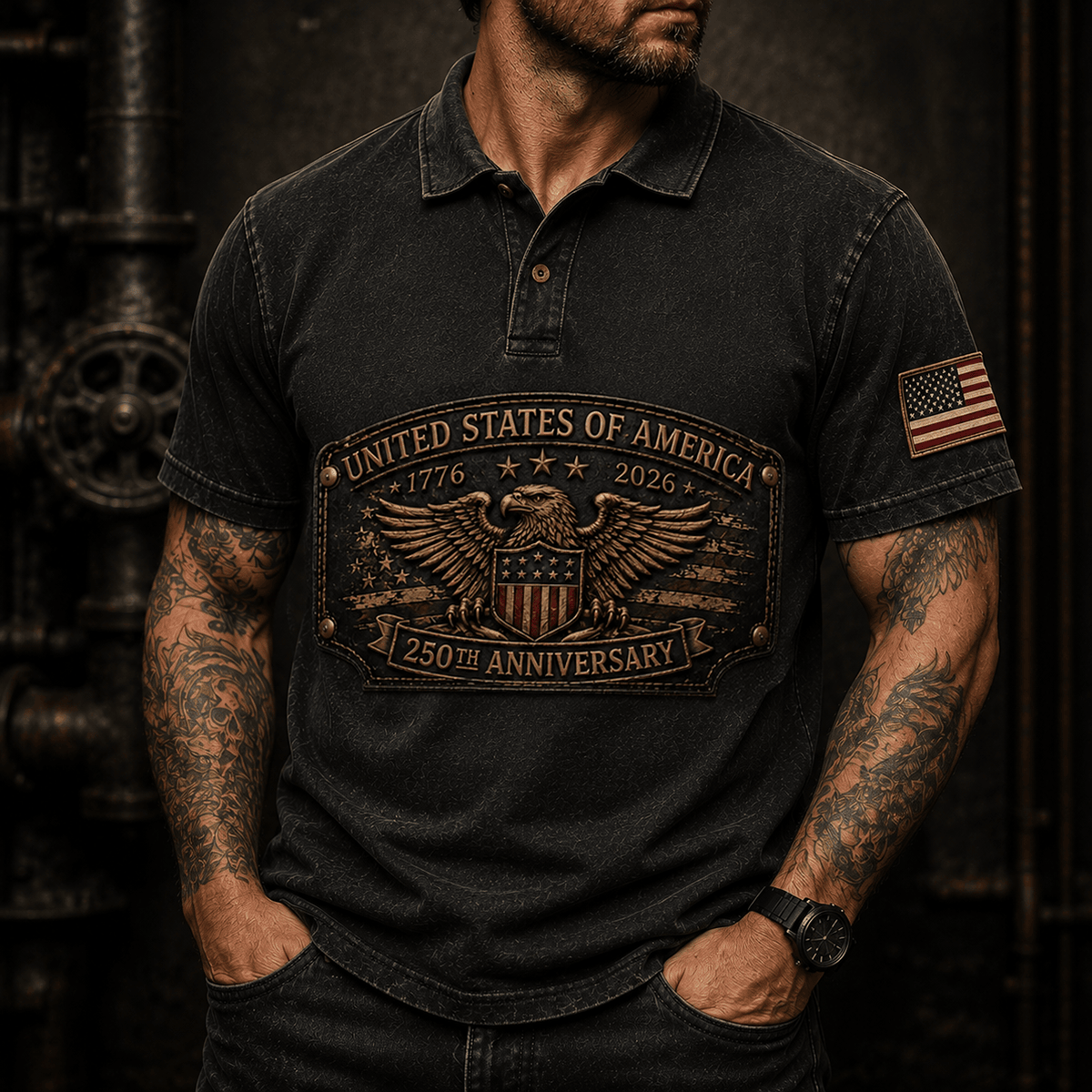 United States of America 250th Anniversary 1776-2026 Eagle Printed Polo Shirt Patriotic USA Independence Day Veteran Gift for Men Dad Grandpa