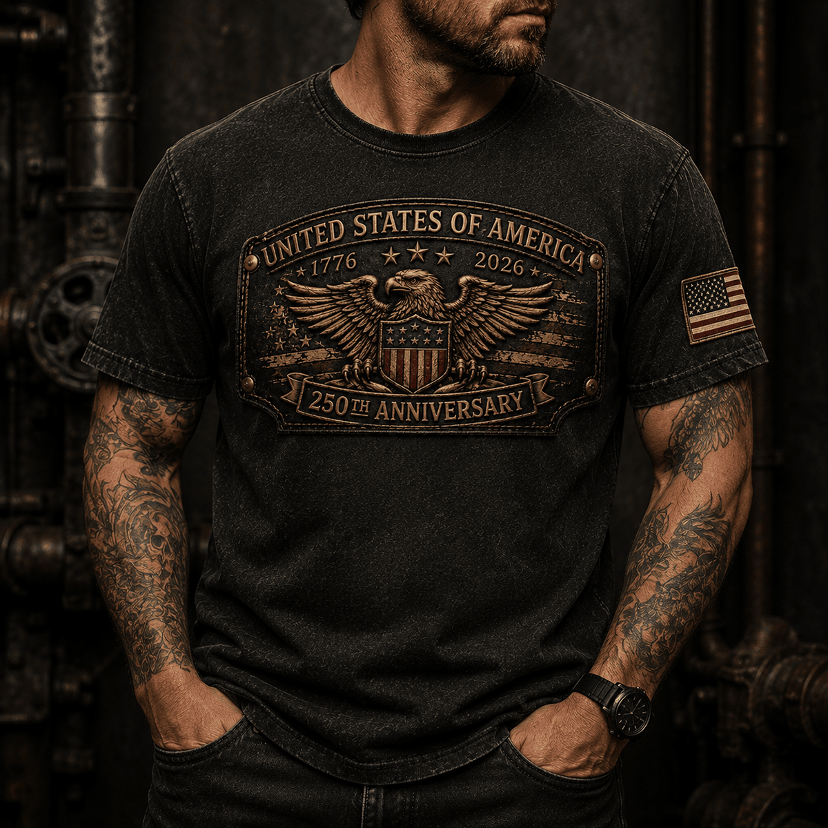 United States of America 250th Anniversary 1776-2026 Eagle Printed T Shirt Patriotic USA Independence Day Veteran Gift for Men Dad Grandpa