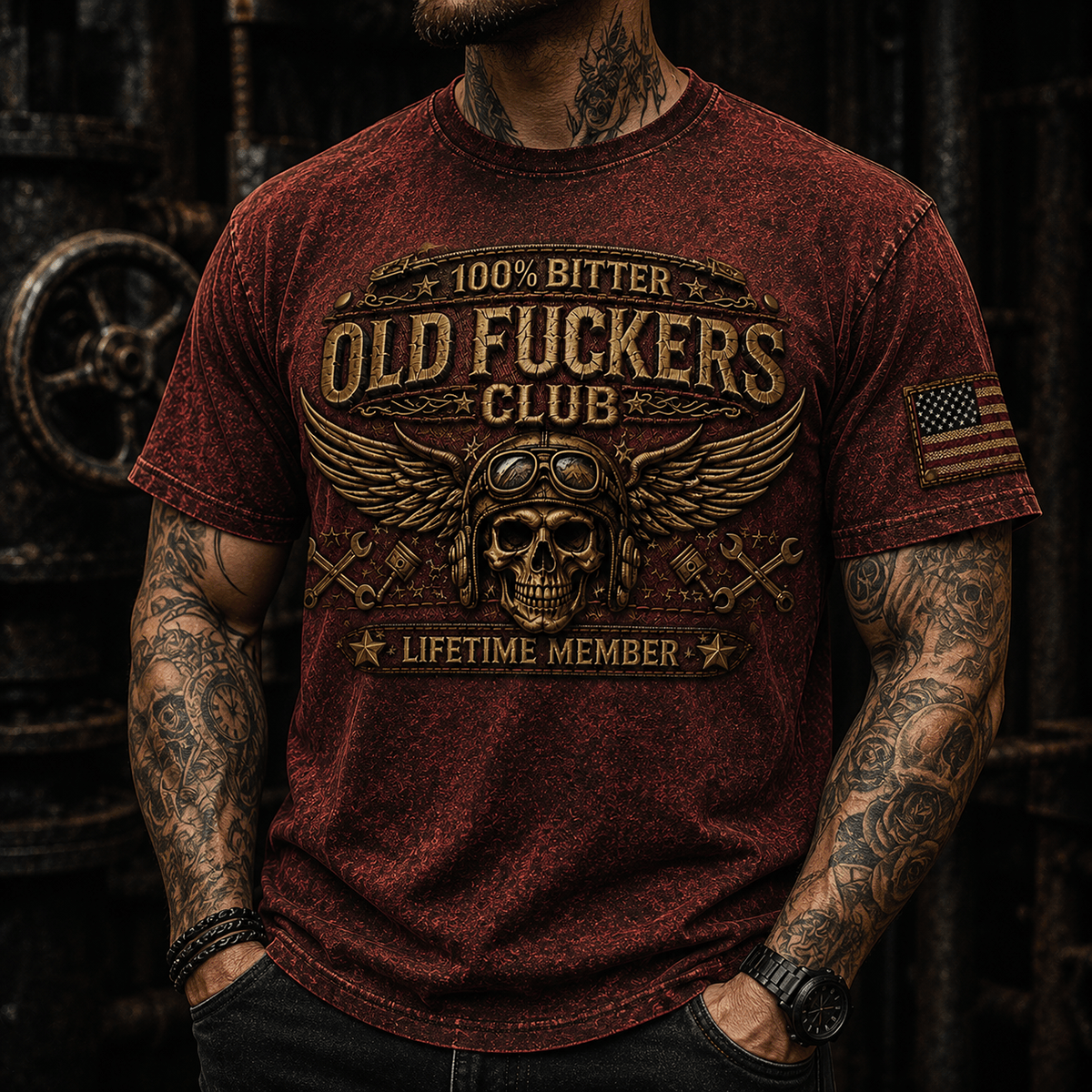 Old Fuckers Club Lifetime Member Skull Mechanic Printed T Shirt Biker Gift for Dad Grandpa Motorcycle Rider Patriotic USA Vintage