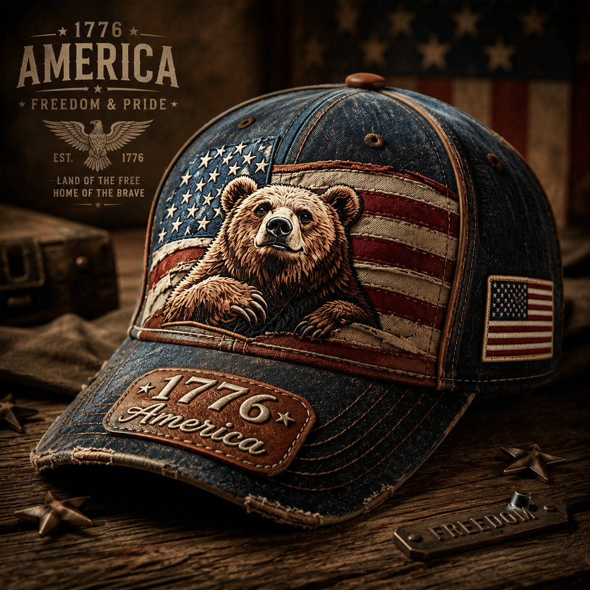 1776 America Printed Vintage Bear USA Flag Cap Patriotic Hat Independence Day Gift Freedom Pride American Heritage Outdoor Style