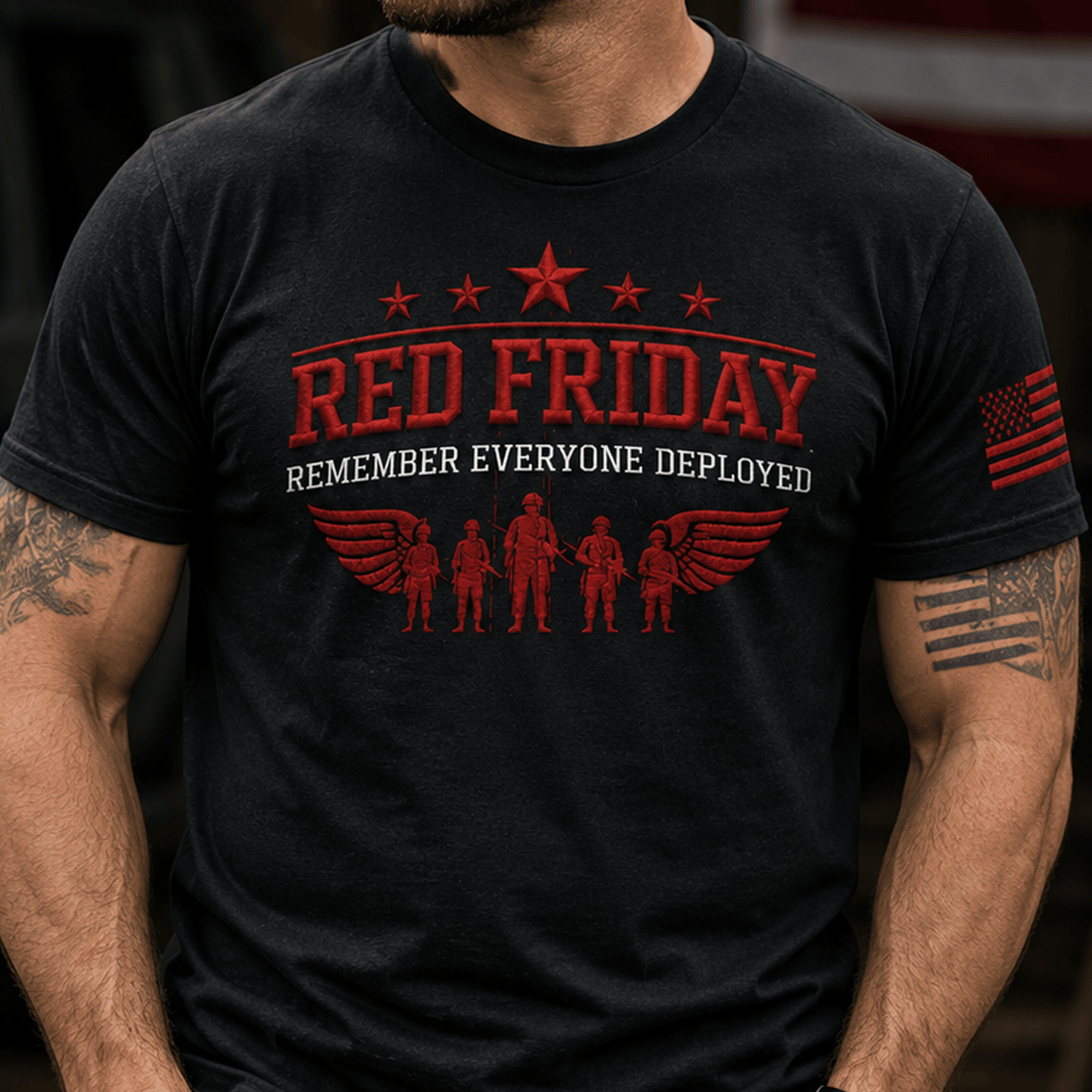 Red Friday Remember Everyone Deployed Printed Veteran T Shirt Patriotic American Flag Military Support Gift for Veterans Memorial Day