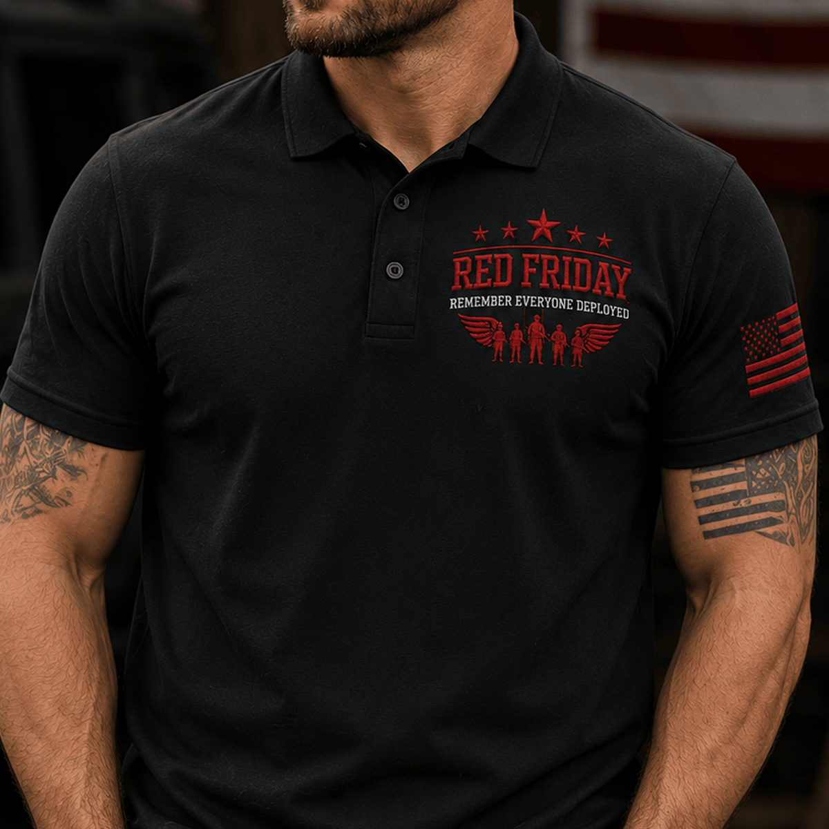 Red Friday Remember Everyone Deployed Printed Veteran Polo Shirt Patriotic American Flag Military Support Gift for Veterans
