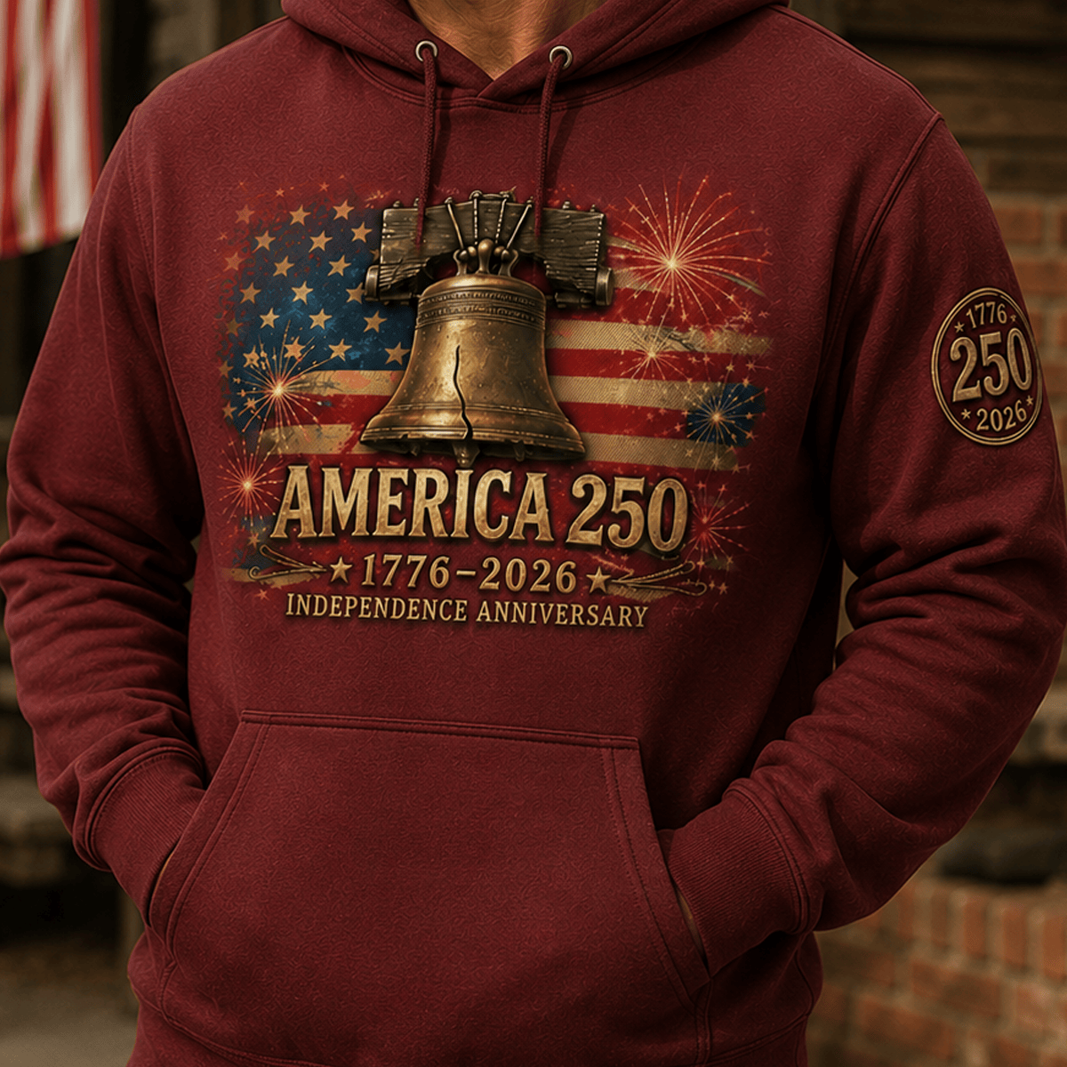 America 250 1776–2026 Independence Anniversary Printed Patriotic Hoodie Liberty Bell American Flag USA 250th Anniversary Gift