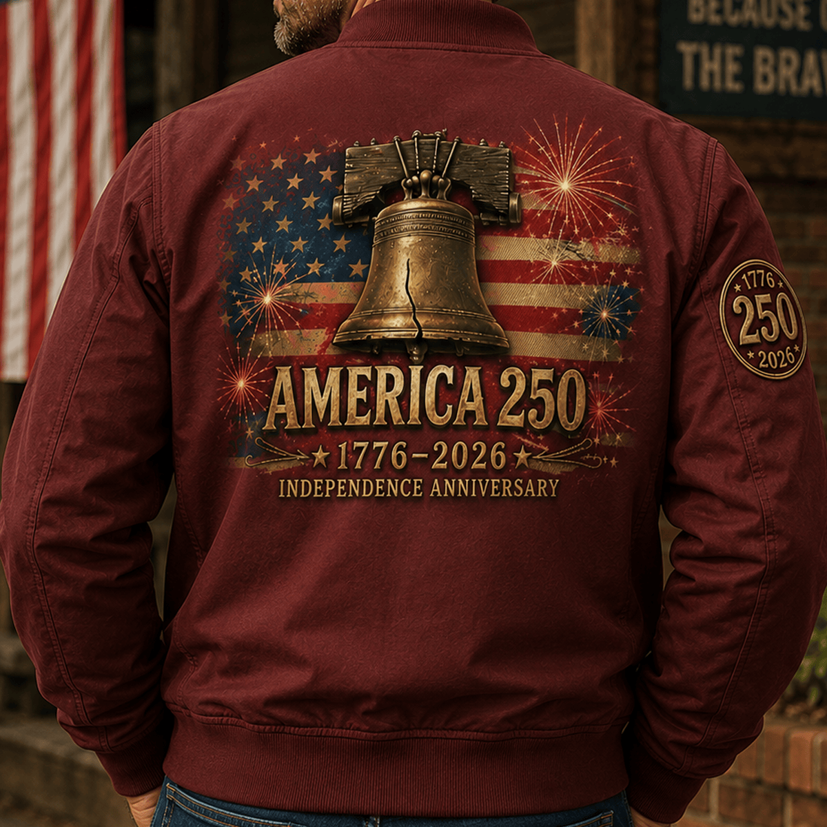 America 250 1776–2026 Independence Anniversary Printed Patriotic Bomber Jacket Liberty Bell American Flag USA 250th Anniversary Gift