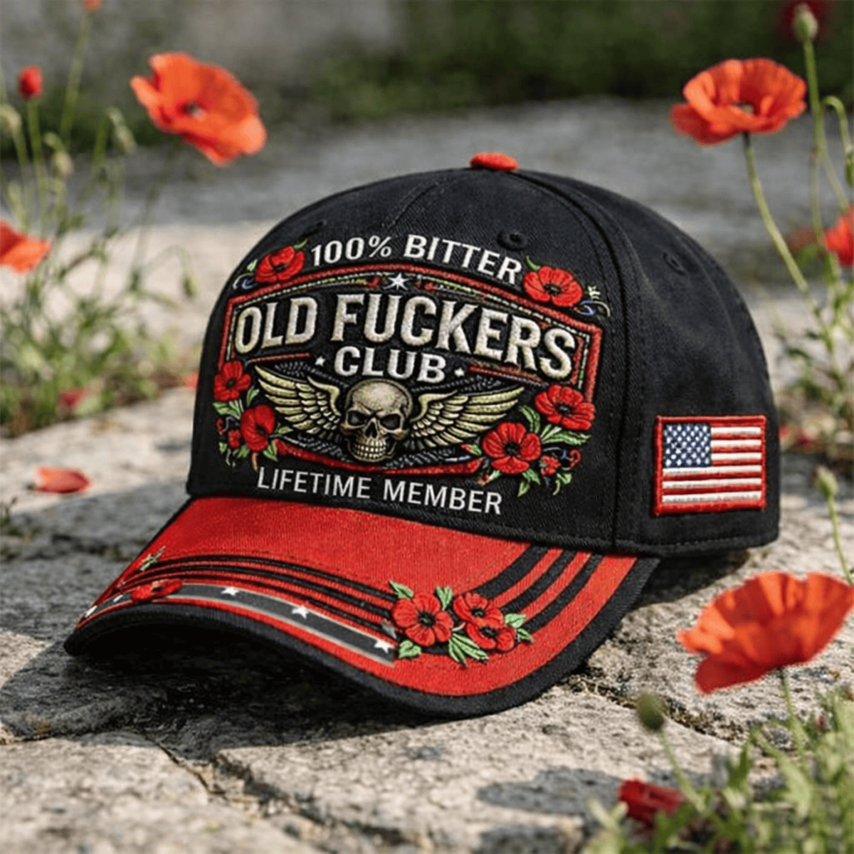 Old Fuckers Club Lifetime Member Printed Skull Cap Patriotic Poppy Veteran Gift Vintage Biker Hat for Men USA Memorial Tribute