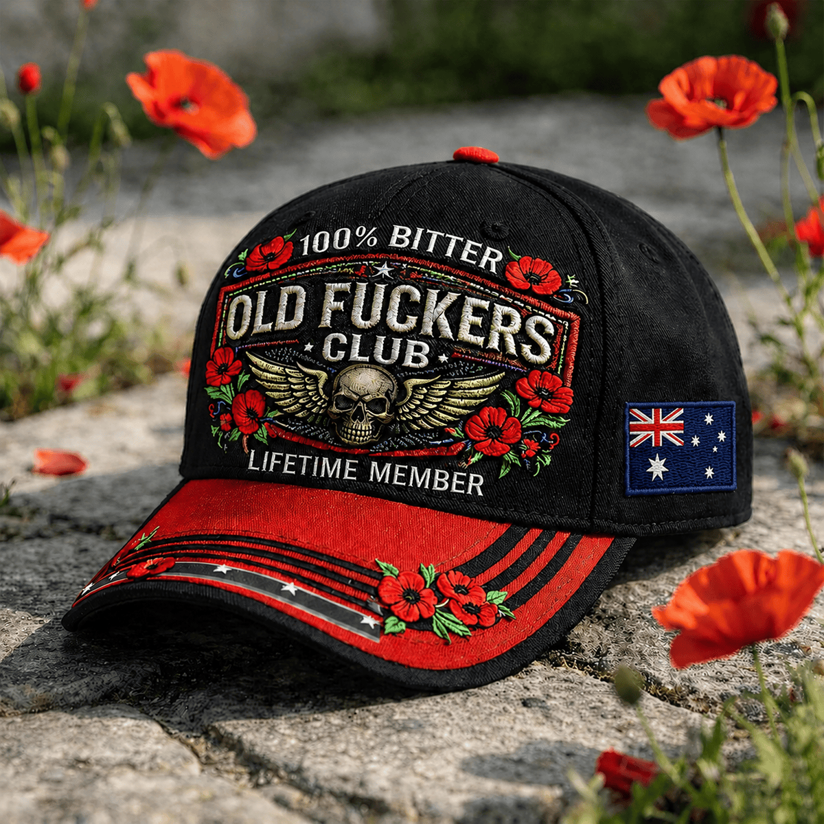 Old Fuckers Club Lifetime Member Printed Skull Cap Patriotic Poppy Veteran Gift Vintage Biker Hat for Men Australia Memorial Tribute