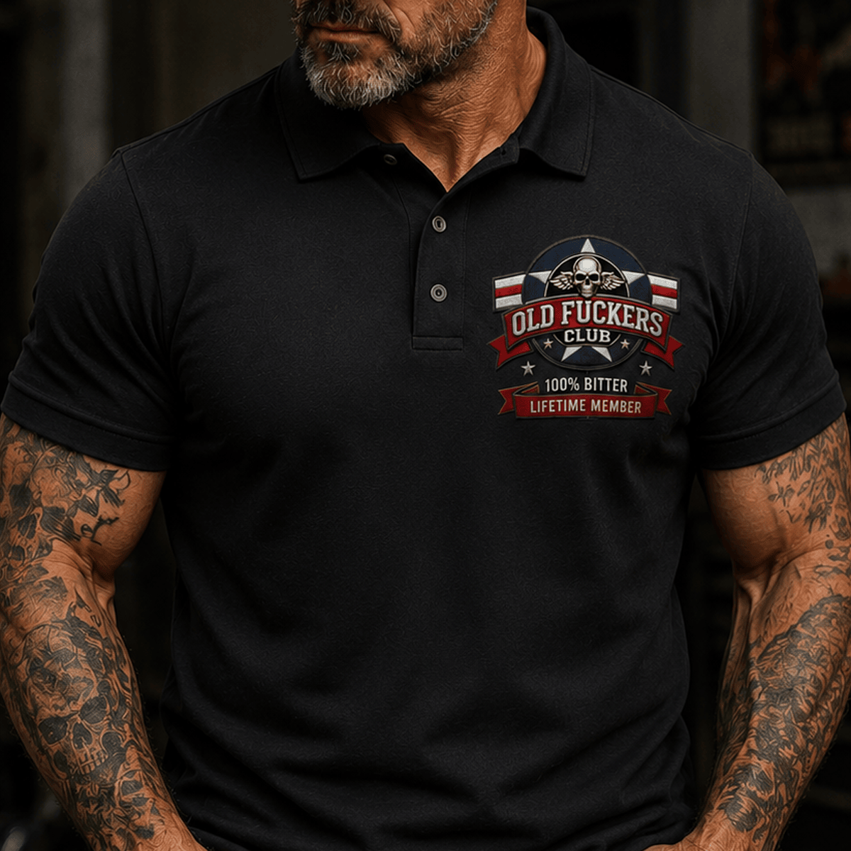 Old Fuckers Club Bitter Lifetime Member Printed Skull Polo Shirt Vintage Aviator Veteran Pilot Gift Patriotic Graphic for Men