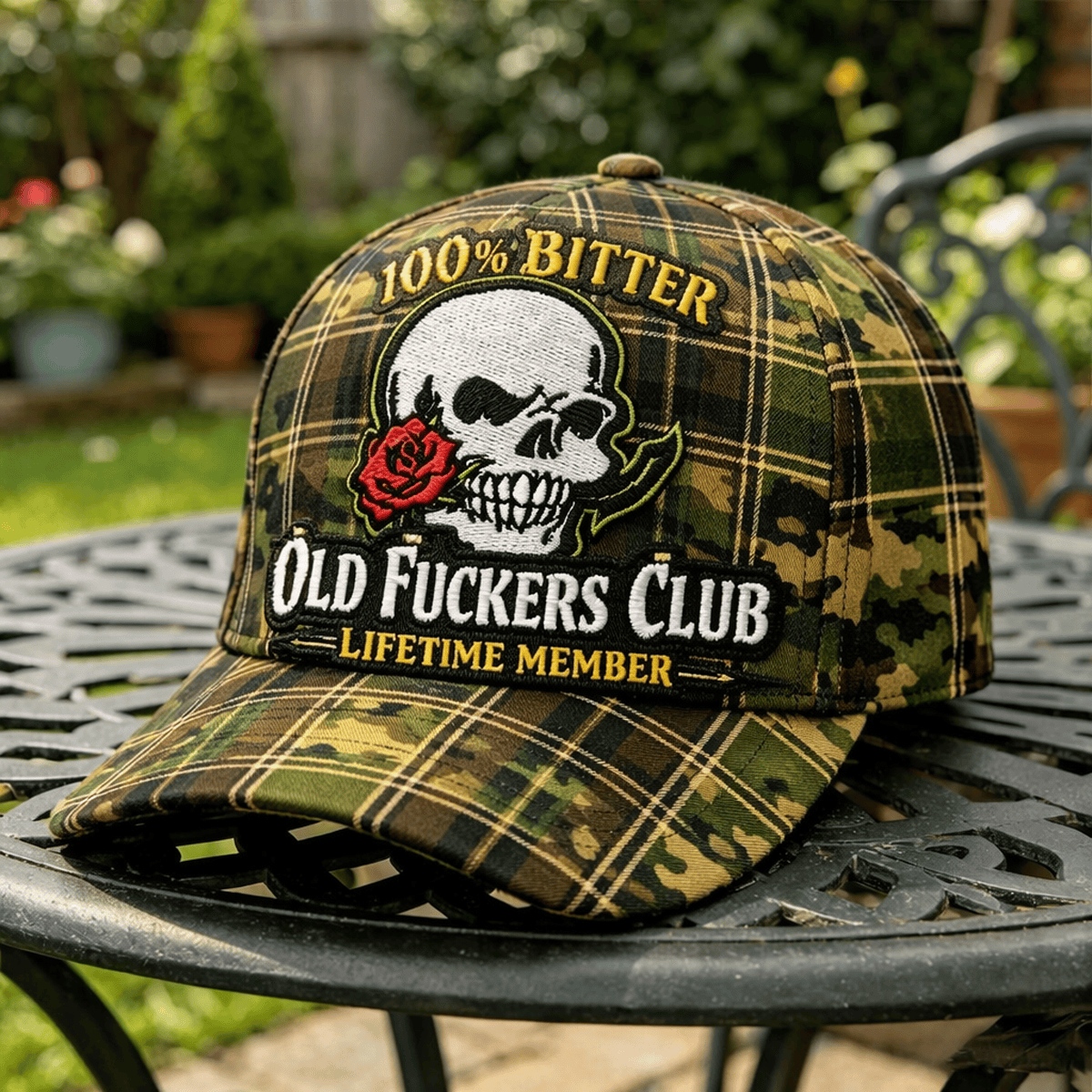 Old Fuckers Club Bitter Lifetime Member Printed Skull Rose Plaid Camo Cap Vintage Gift for Dad Grandpa Patriotic Hat