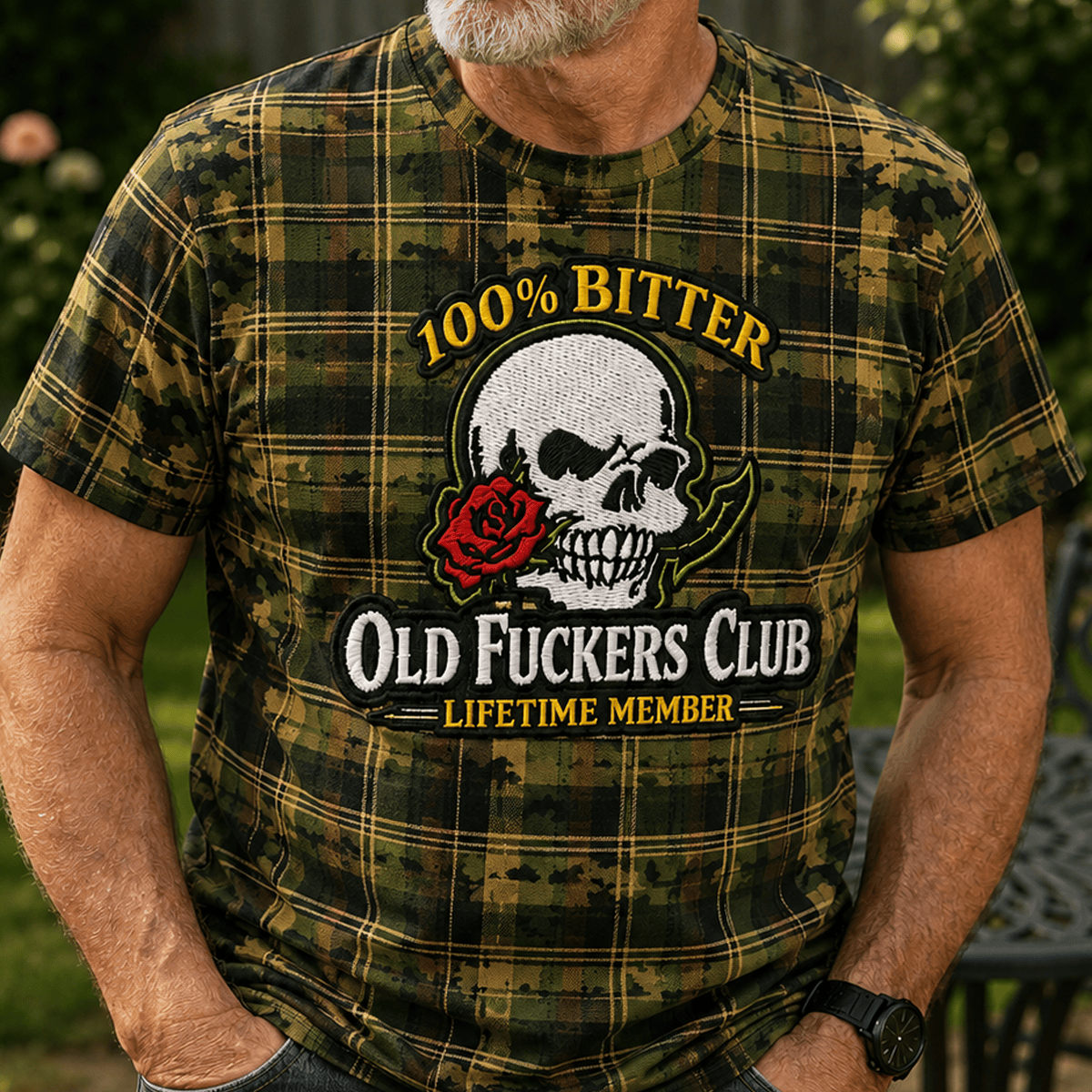 Old Fuckers Club Bitter Lifetime Member Printed Skull Rose Plaid Camo T Shirt Vintage Gift for Dad Grandpa Biker