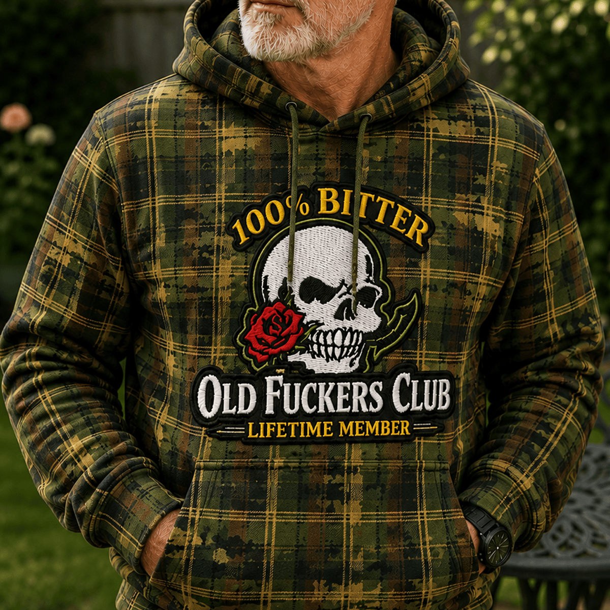 Old Fuckers Club Bitter Lifetime Member Printed Skull Rose Plaid Camo Hoodie Vintage Gift for Dad Grandpa Biker