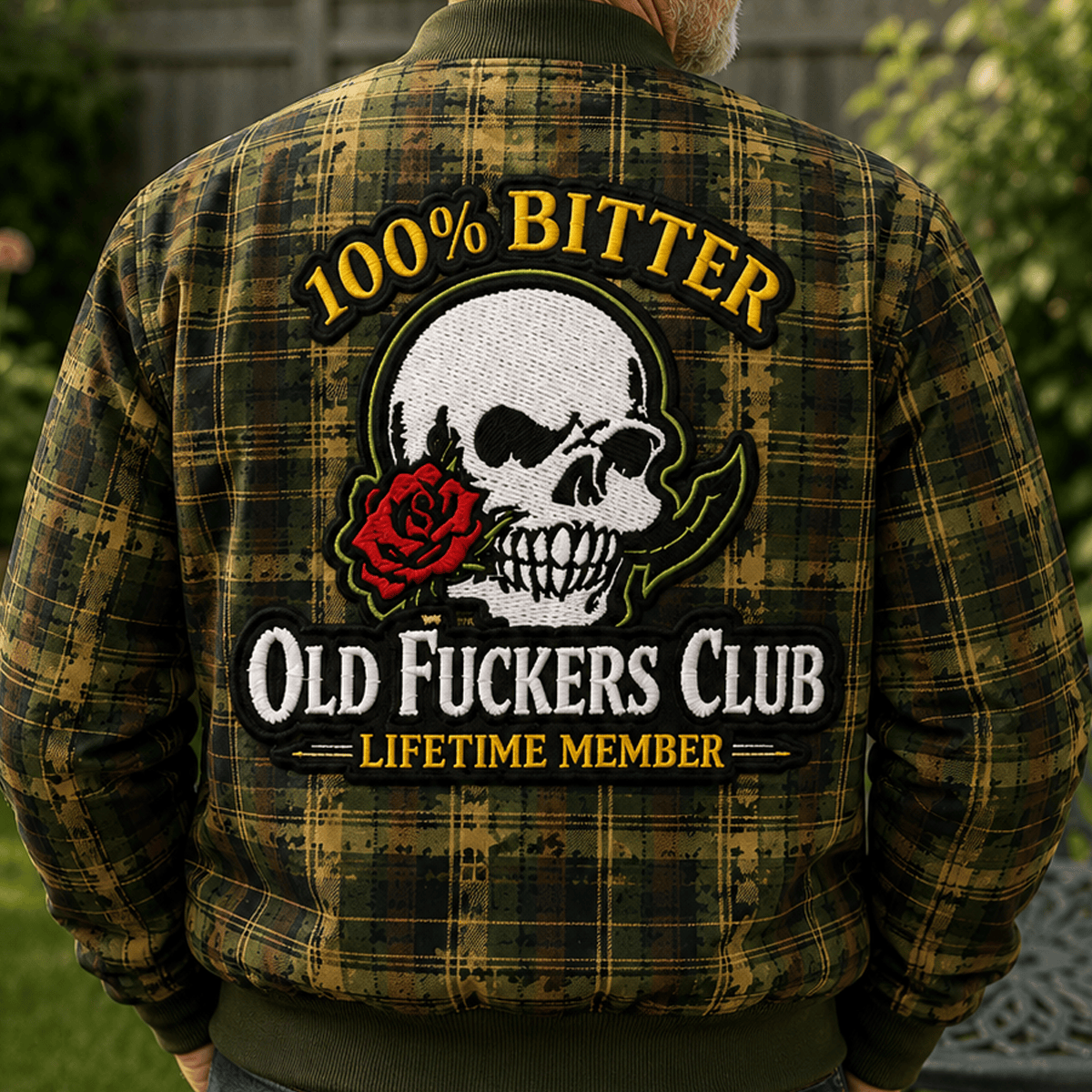 Old Fuckers Club Bitter Lifetime Member Printed Skull Rose Plaid Camo Bomber Jacket Vintage Gift for Dad Grandpa Biker