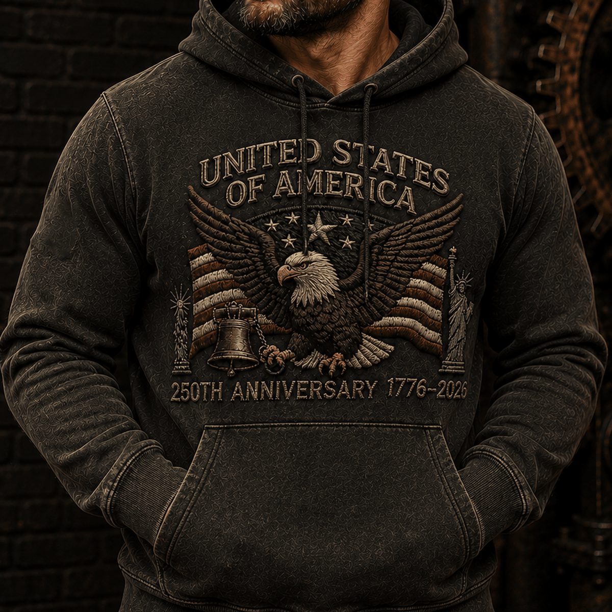 United States Of America 250th Anniversary 1776–2026 Printed Eagle Flag Hoodie Patriotic Liberty Bell Gift for Men