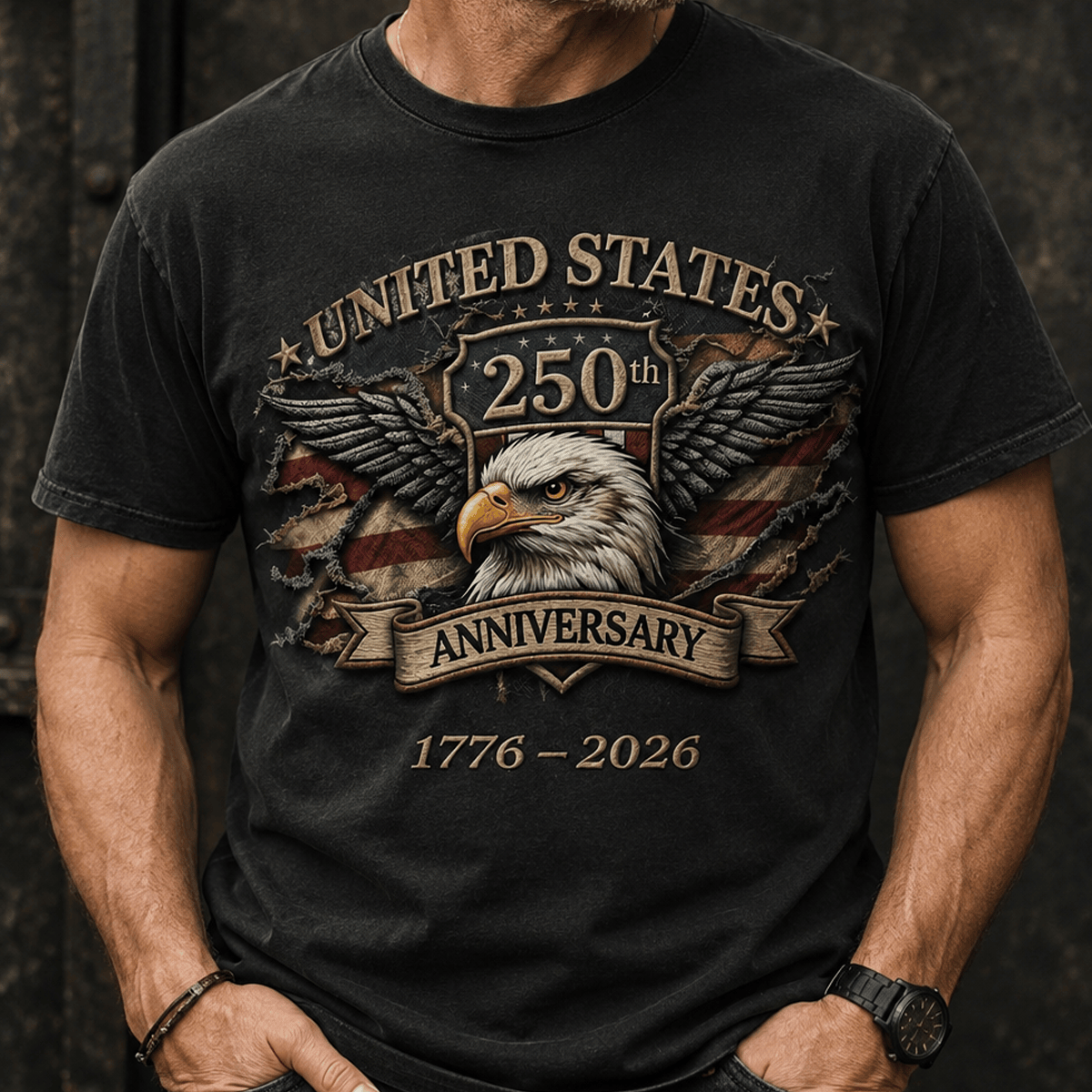 United States 250th Anniversary 1776–2026 Printed Eagle Flag T Shirt Patriotic Independence Day Gift for Men and Veterans