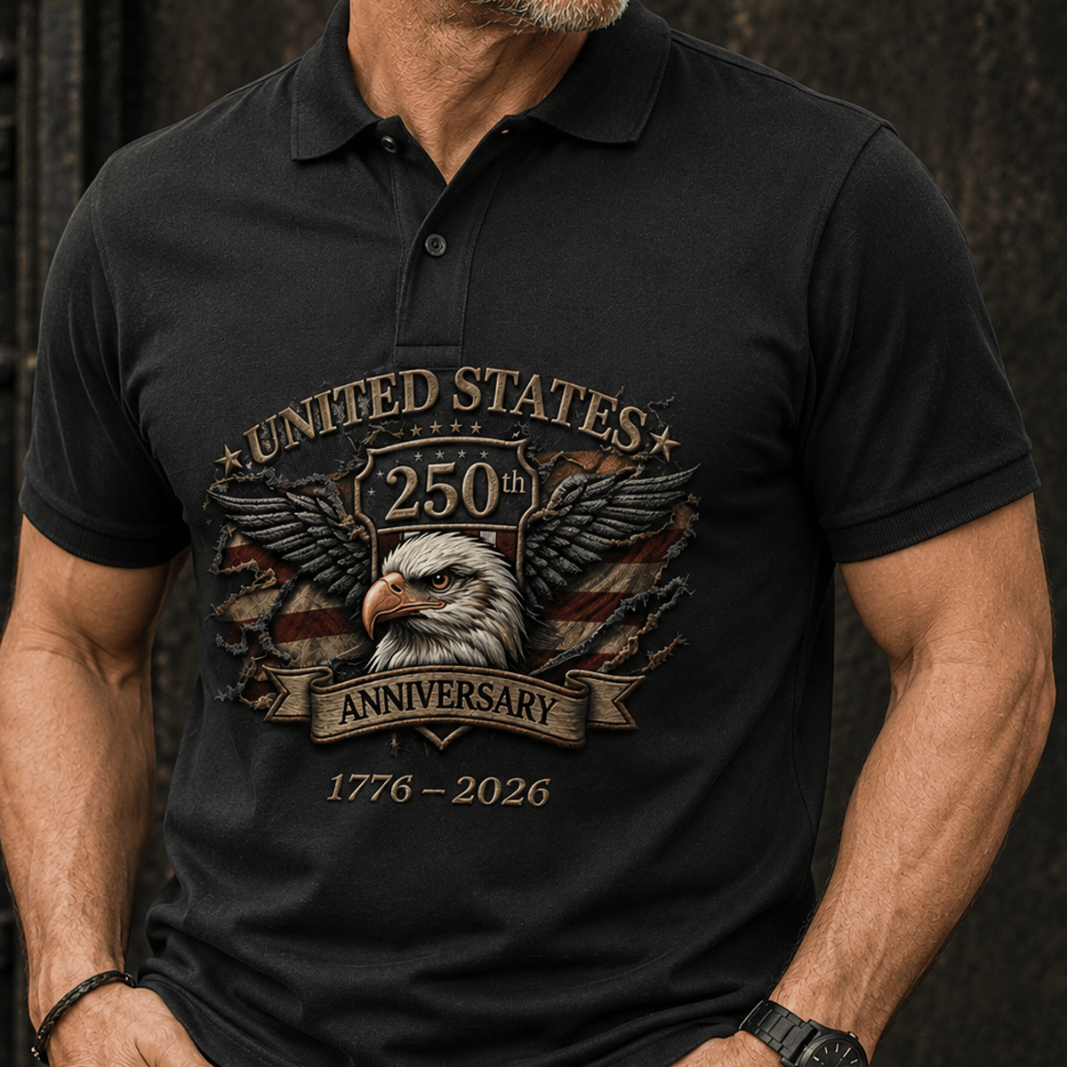 United States 250th Anniversary 1776–2026 Printed Eagle Flag Polo Shirt Patriotic USA Heritage Gift for Men