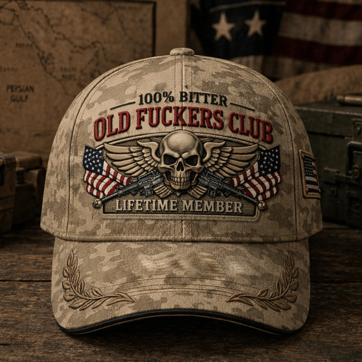 Bitter Old Fuckers Club Lifetime Member Printed Cap Skull Veteran Patriotic Gift for Dad Grandpa USA Flag Military Hat