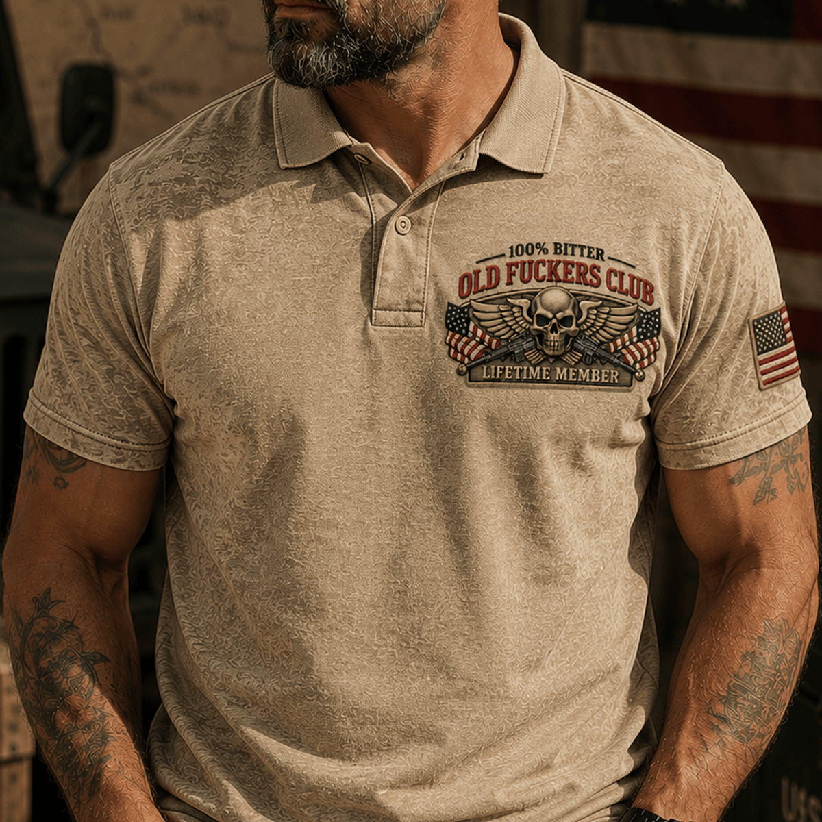 Bitter Old Fuckers Club Lifetime Member Printed Polo Shirt Skull Veteran Patriotic Gift for Dad Grandpa USA Flag