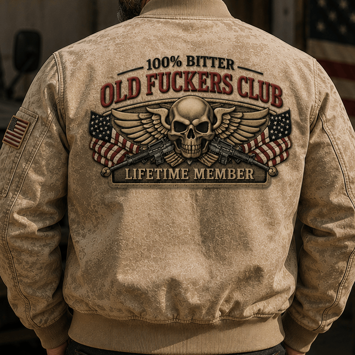 Bitter Old Fuckers Club Lifetime Member Printed Bomber Jacket Skull Veteran Patriotic Gift for Dad Grandpa USA Flag