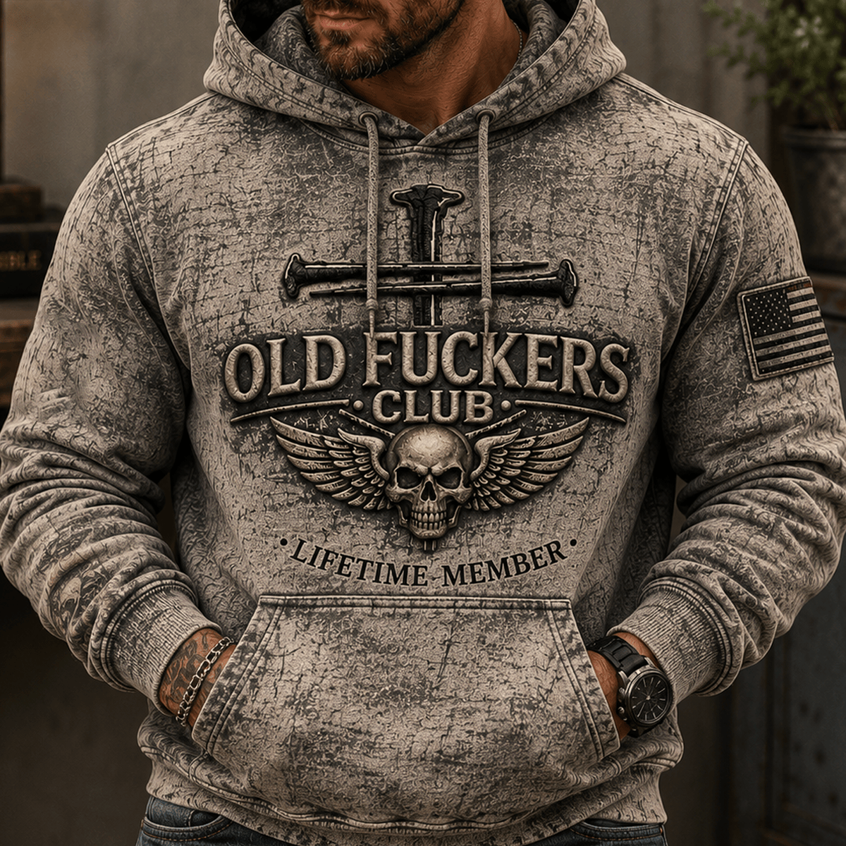 Old Fuckers Club Lifetime Member Printed Hoodie Skull Cross Christian Patriotic Gift for Dad Grandpa Veteran Graphic Hooded Sweatshirt