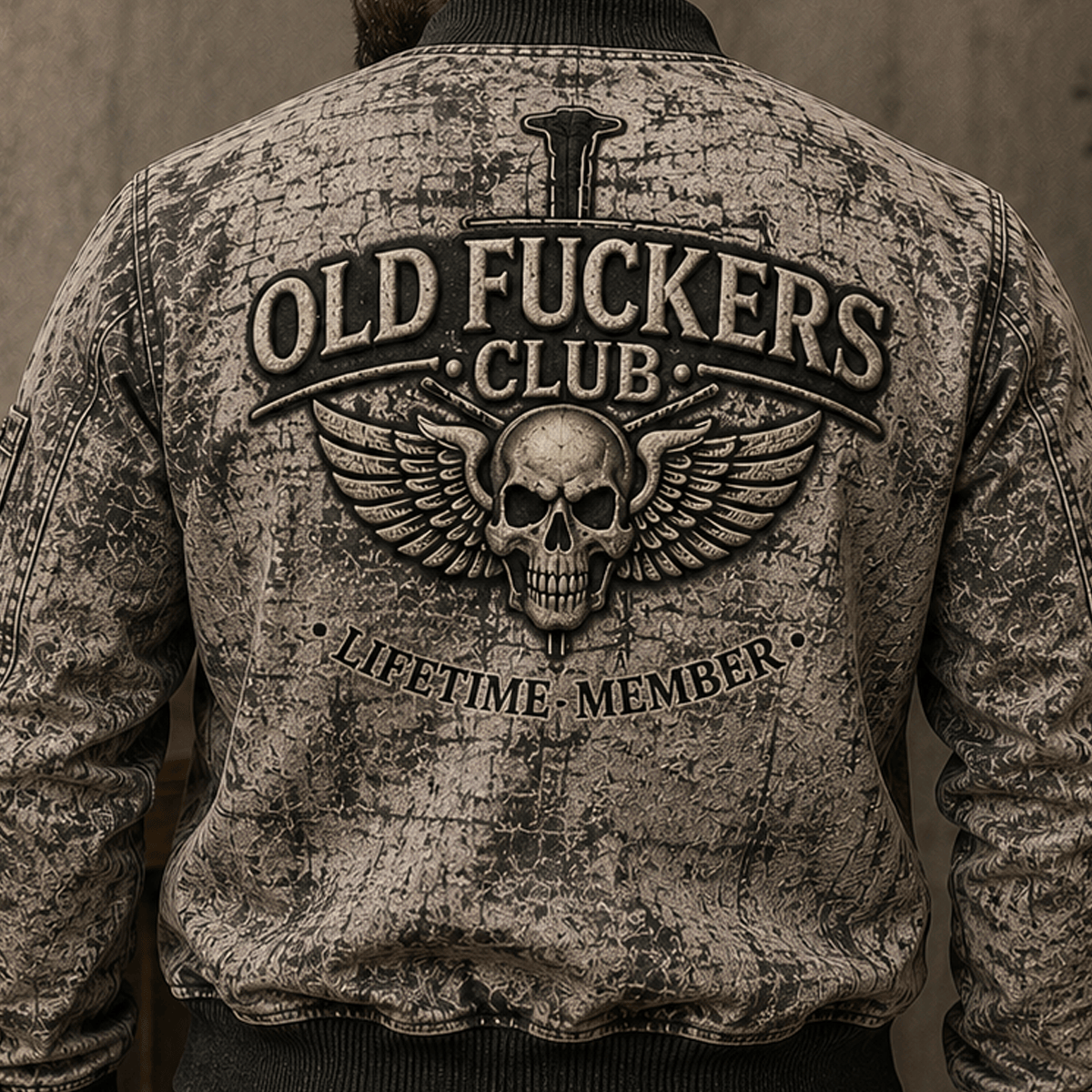 Old Fuckers Club Lifetime Member Printed Bomber Jacket Skull Cross Christian Patriotic Gift for Dad Grandpa Veteran Motorcycle Rider