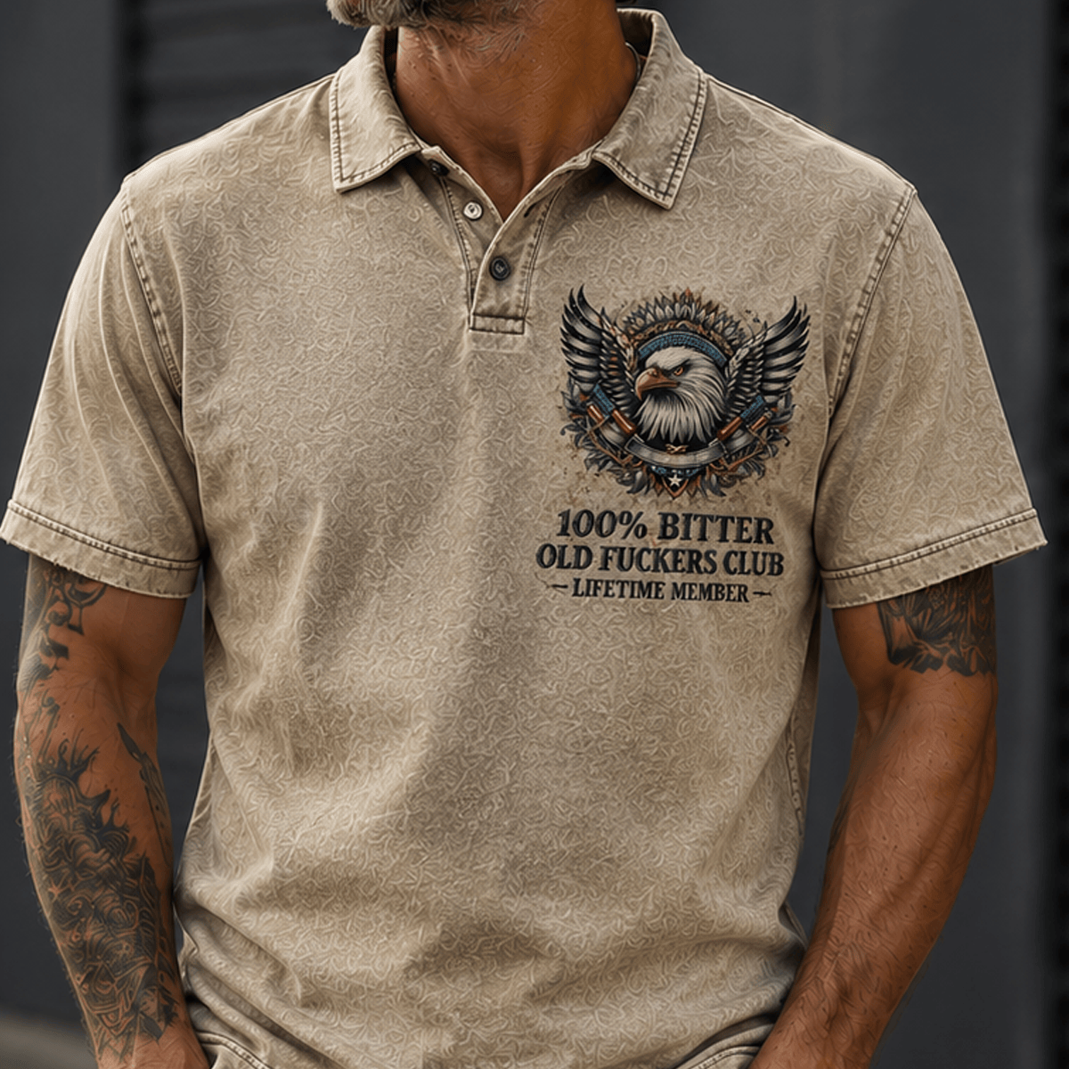 Bitter Old Fuckers Club Lifetime Member Printed Polo Shirt Bald Eagle Patriotic Gift for Dad Grandpa Veteran Casual Polo