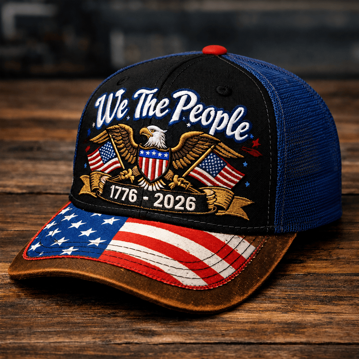 We The People 1776-2026 Printed Trucker Cap Patriotic Eagle USA Flag 250th Anniversary Gift for Dad Grandpa Veteran Hat