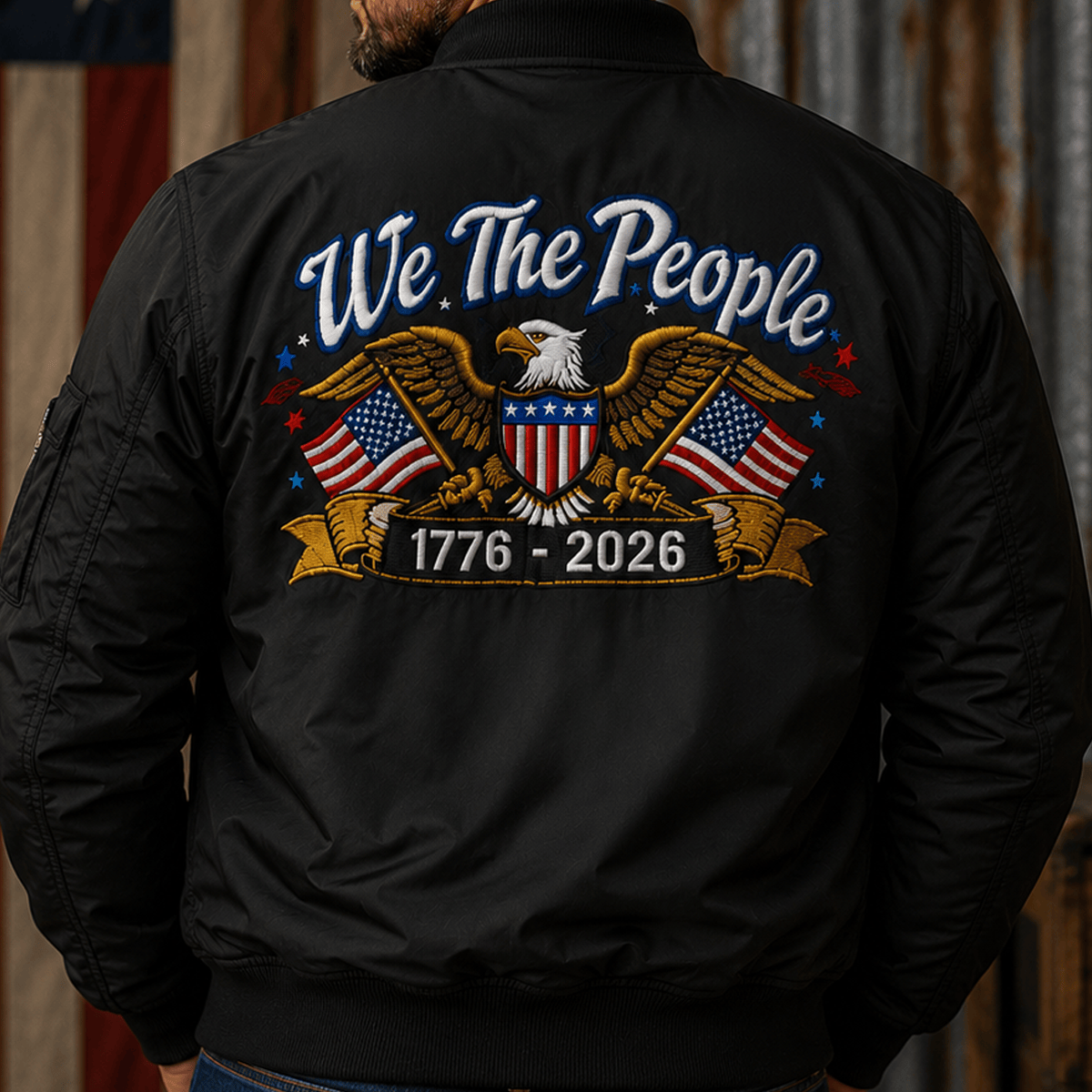 We The People 1776-2026 Printed Bomber Jacket Patriotic Eagle USA Flag 250th Anniversary Gift for Dad Grandpa Veteran