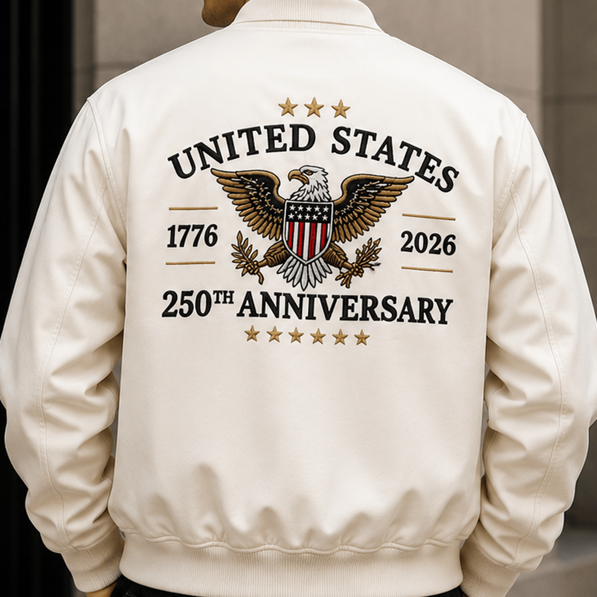United States 1776 2026 250th Anniversary Printed Bomber Jacket Patriotic Eagle American Flag Independence Day Gift for Dad Veteran