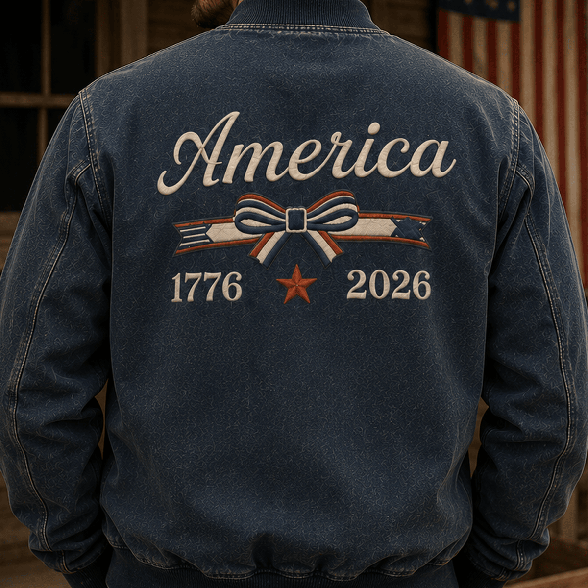 America 1776 2026 Printed Bomber Jacket Patriotic USA Flag Independence Day Gift for Men Women Veteran Fourth of July