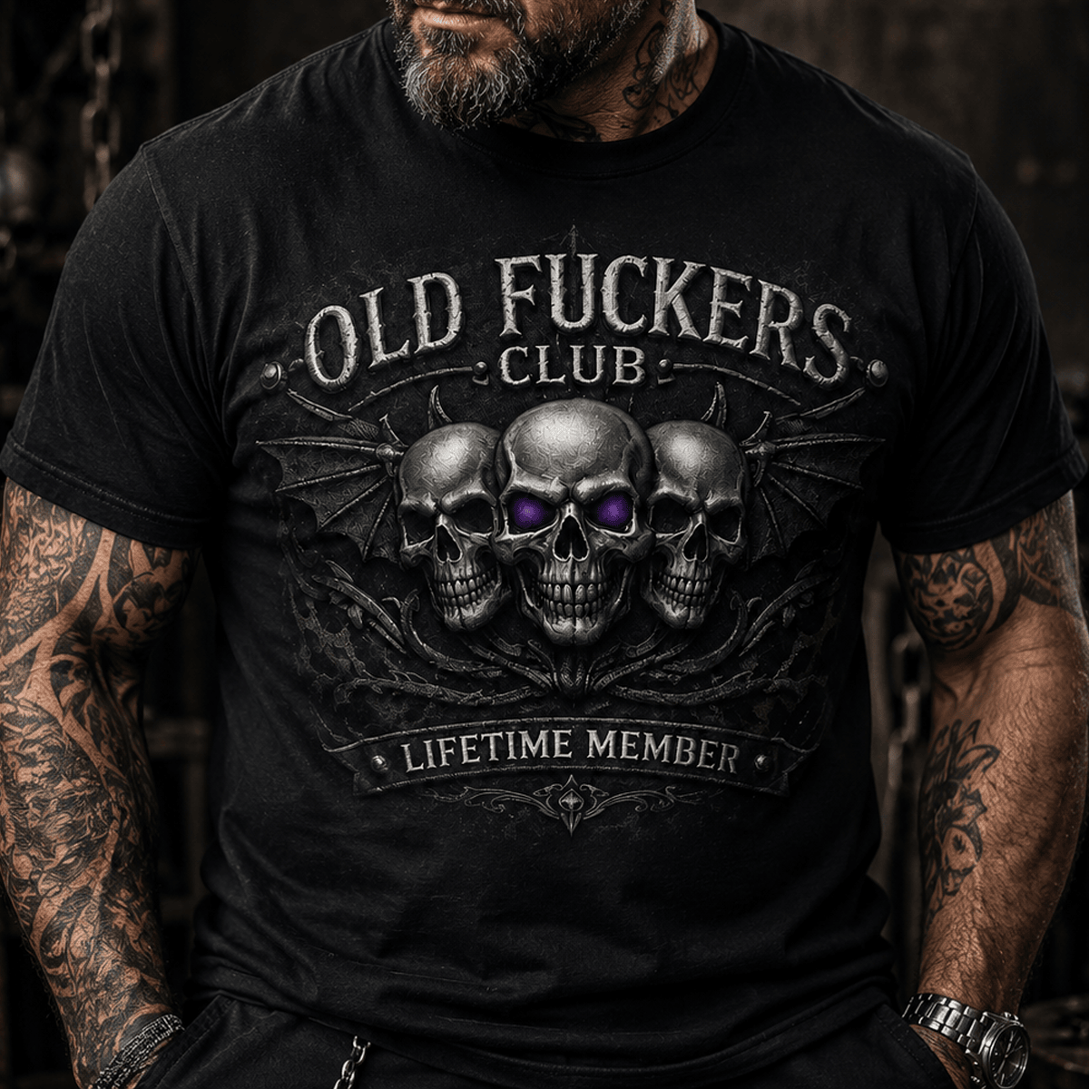 Old Fuckers Club Lifetime Member Printed T Shirt Skull Gothic Biker Gift for Dad Grandpa Motorcycle Rider Veteran Tee
