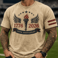 1776 2026 250th Anniversary Printed T Shirt Patriotic Torch Wings American Flag USA Independence Day Gift for Men Dad
