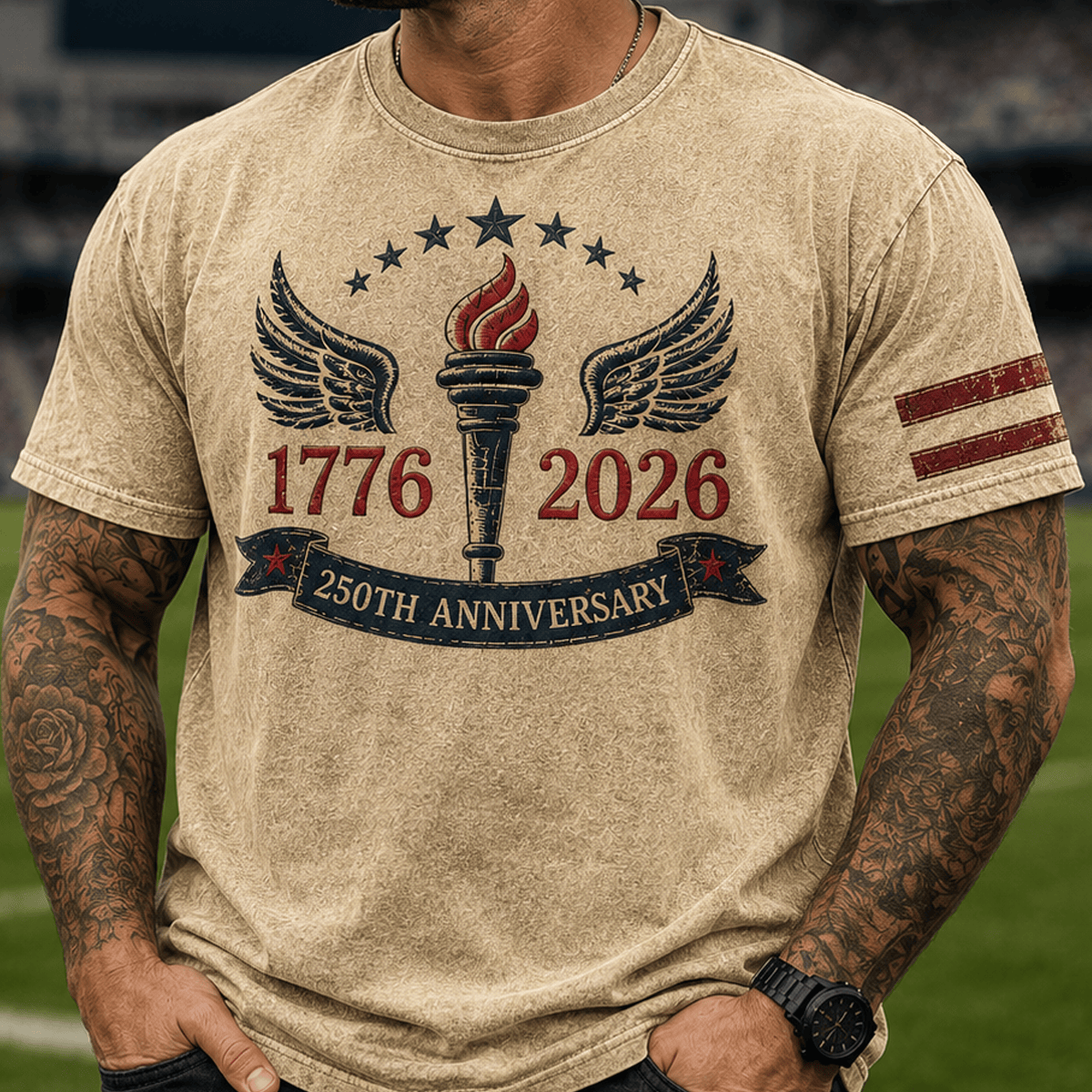 1776 2026 250th Anniversary Printed T Shirt Patriotic Torch Wings American Flag USA Independence Day Gift for Men Dad