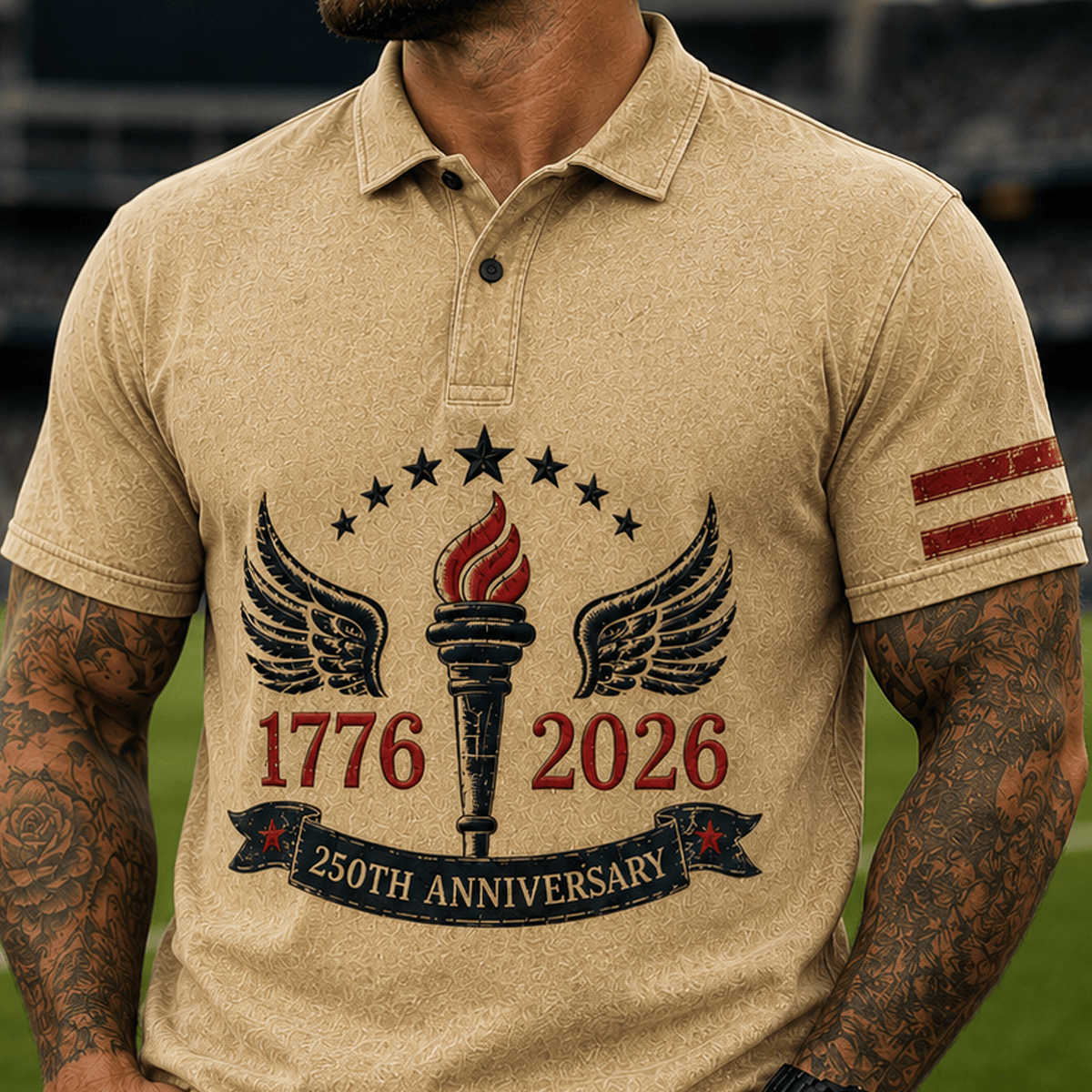 1776 2026 250th Anniversary Printed Polo Shirt Patriotic Torch Wings American Flag USA Independence Gift for Men