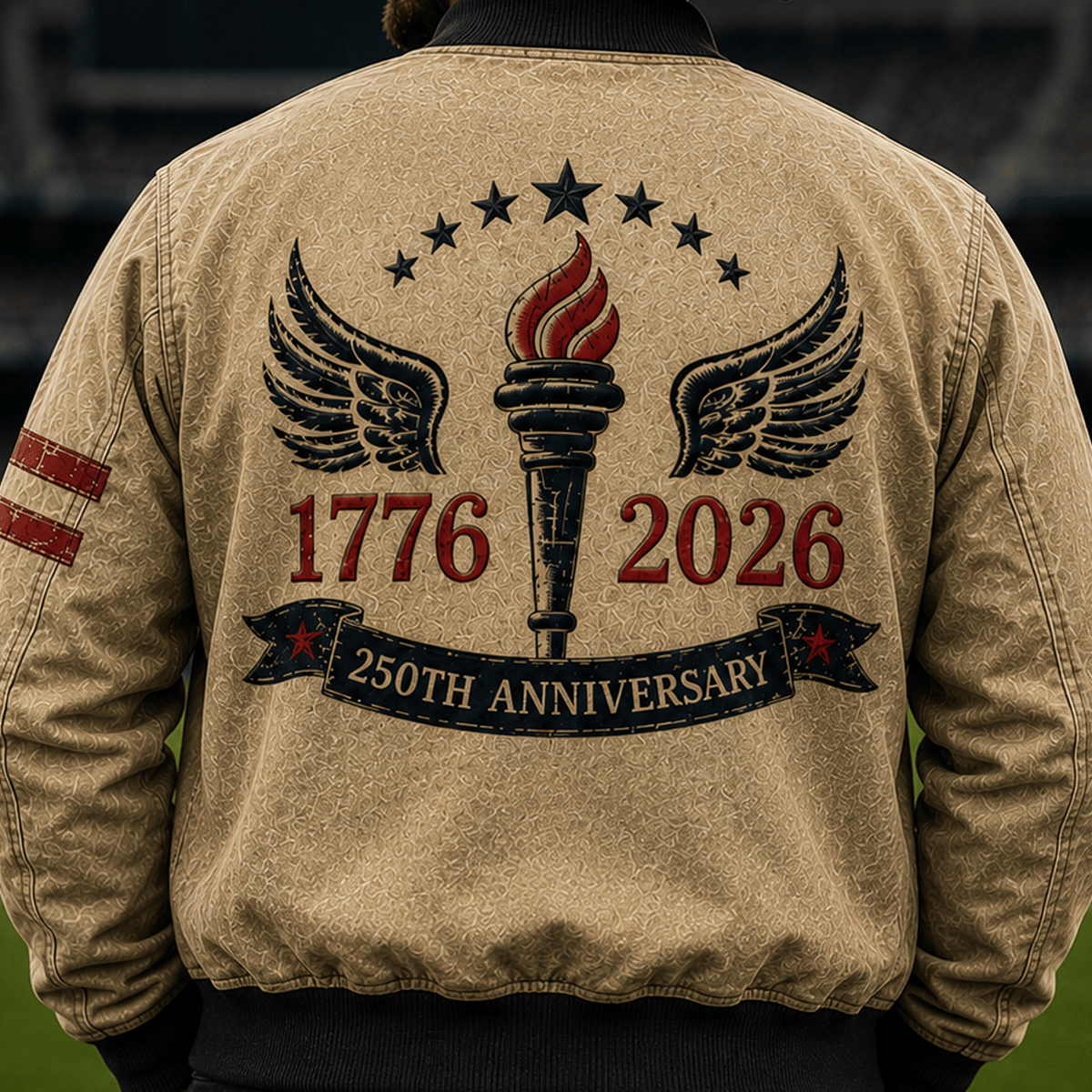 1776 2026 250th Anniversary Printed Bomber Jacket Patriotic Torch Wings American Flag USA Independence Gift for Men