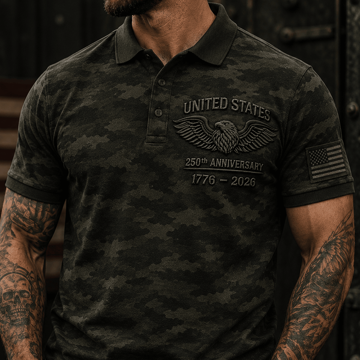 United States 250th Anniversary 1776–2026 Printed Polo Shirt Patriotic USA Eagle Camo Graphic Independence Day Gift for Men Dad