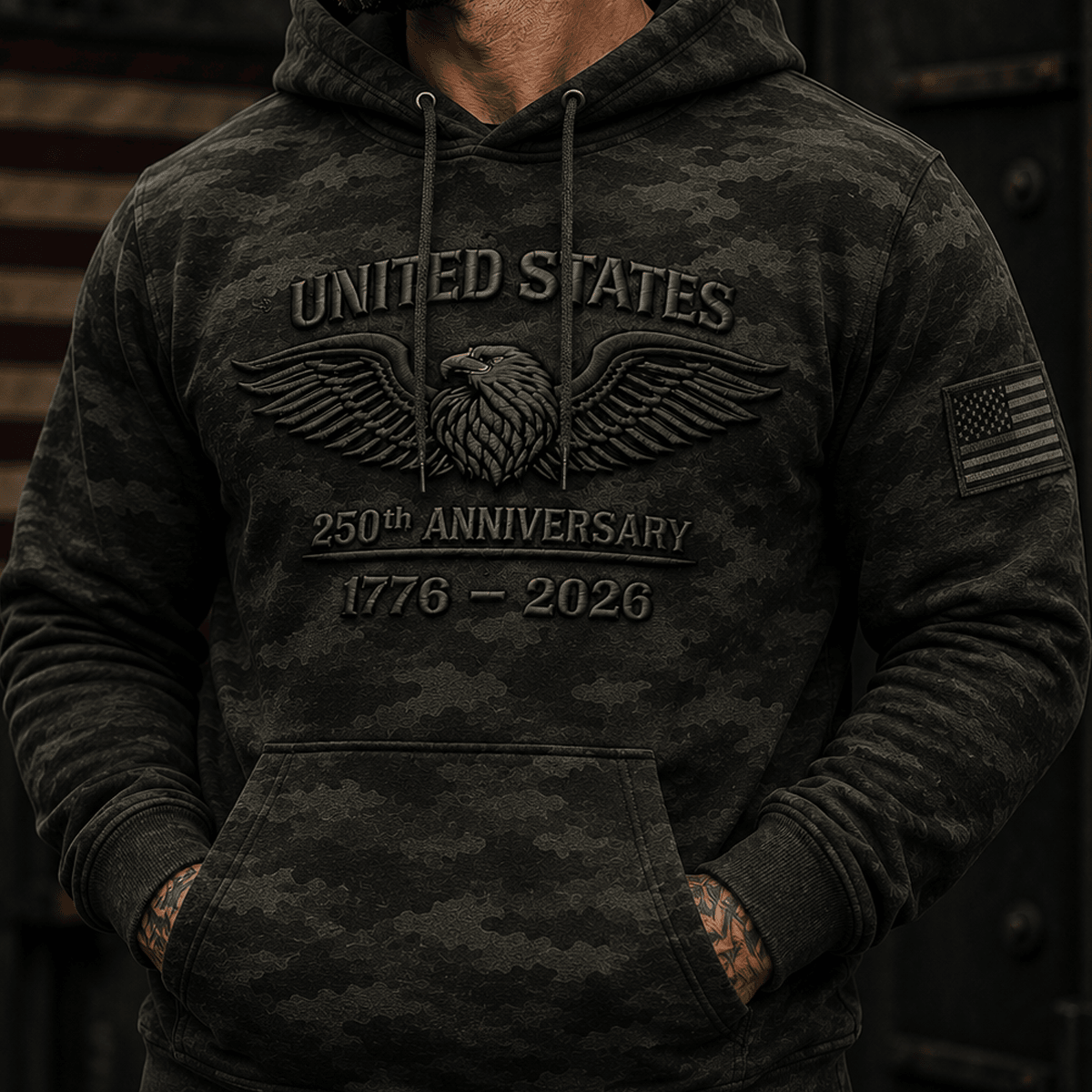 United States 250th Anniversary 1776–2026 Printed Hoodie Patriotic USA Eagle Camo Graphic Independence Day Gift for Men Dad