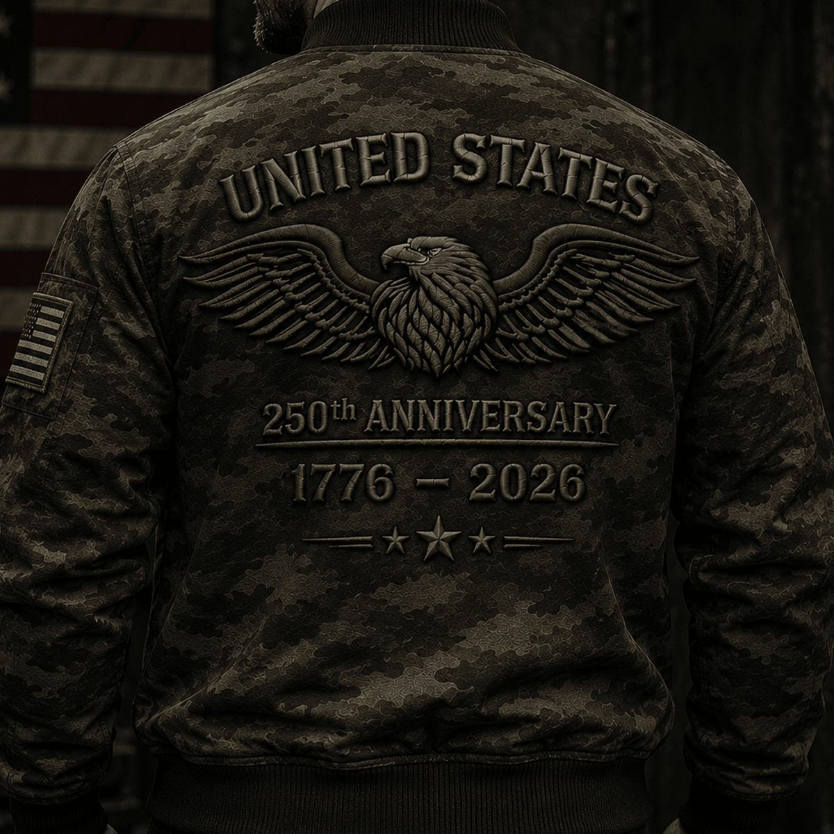 United States 250th Anniversary 1776–2026 Printed Bomber Jacket Patriotic USA Eagle Camo Graphic Independence Day Gift for Men Dad