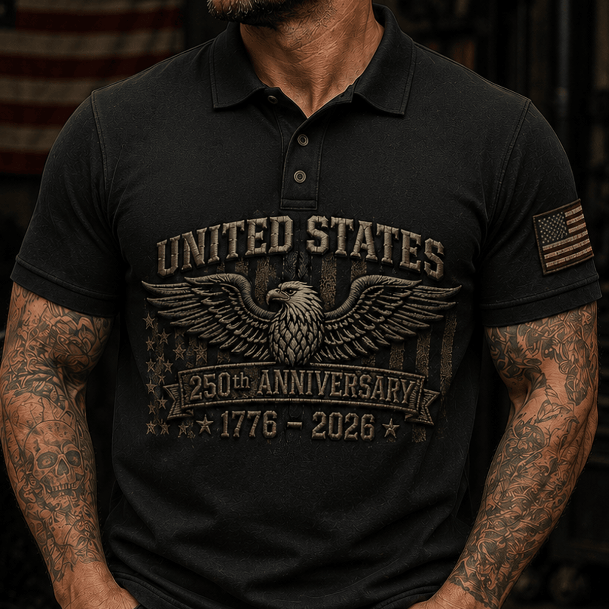 United States 250th Anniversary 1776–2026 Printed Polo Shirt Patriotic Eagle American Flag Independence Day Gift for Dad USA Pride Tee