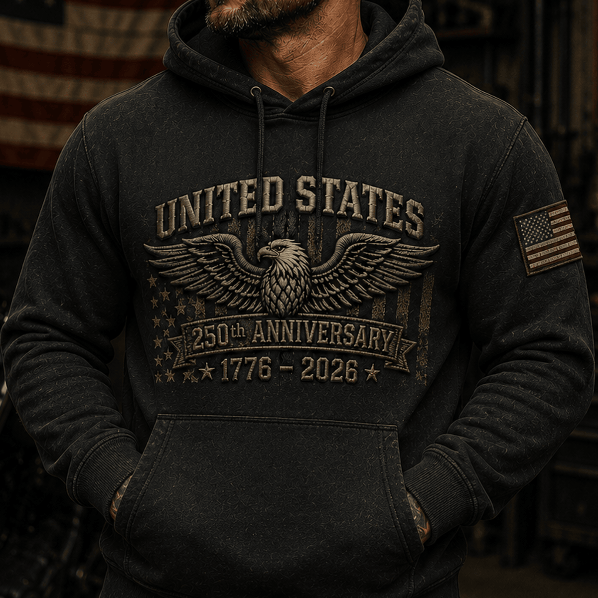 United States 250th Anniversary 1776–2026 Printed Hoodie Patriotic Eagle American Flag Independence Day Gift for Dad USA Pullover