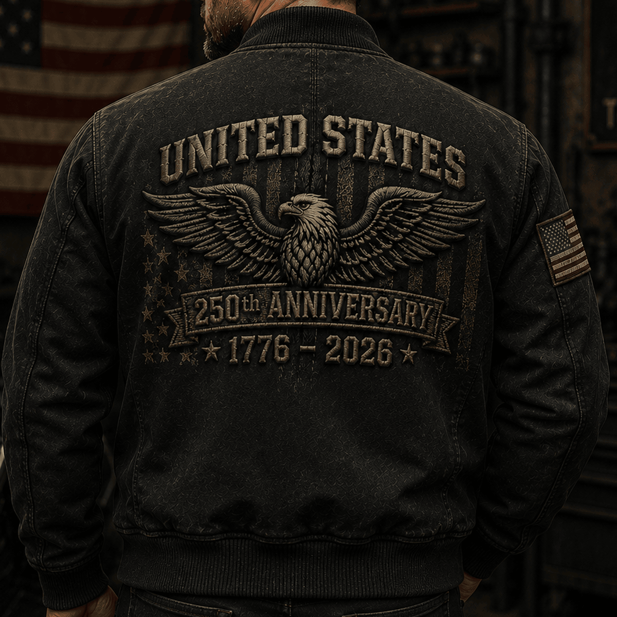 United States 250th Anniversary 1776–2026 Printed Bomber Jacket Patriotic Eagle American Flag Independence Day Gift for Dad USA Coat