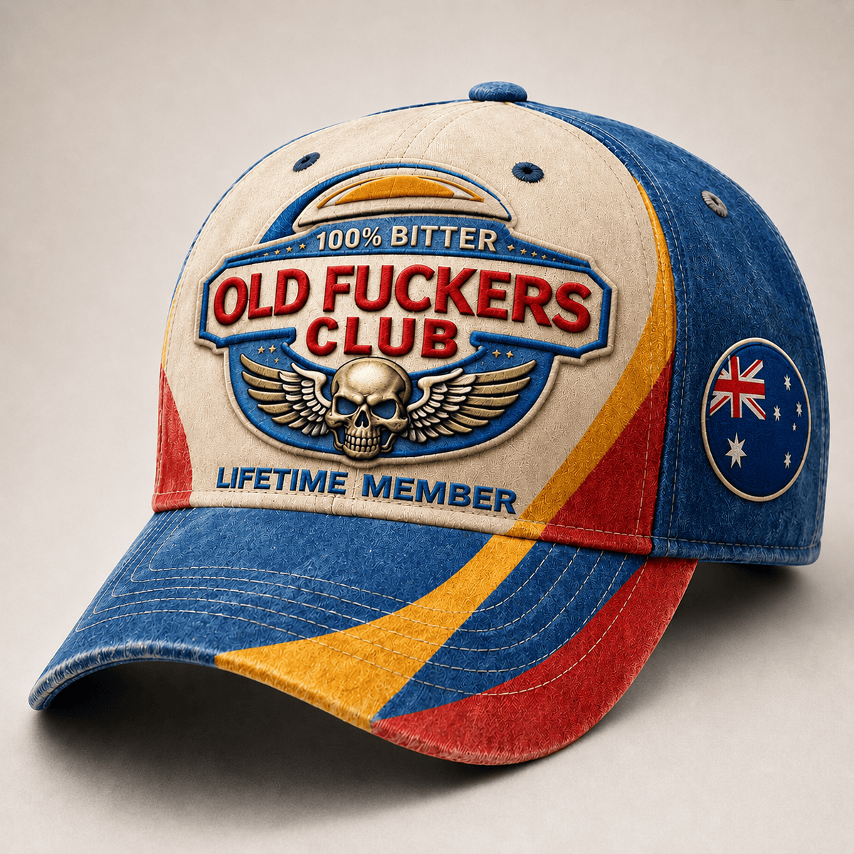 Old Fuckers Club Lifetime Member Printed Cap Patriotic Skull Wing Graphic Australia Veteran Gift for Dad Grandpa Biker Motorcycle Rider