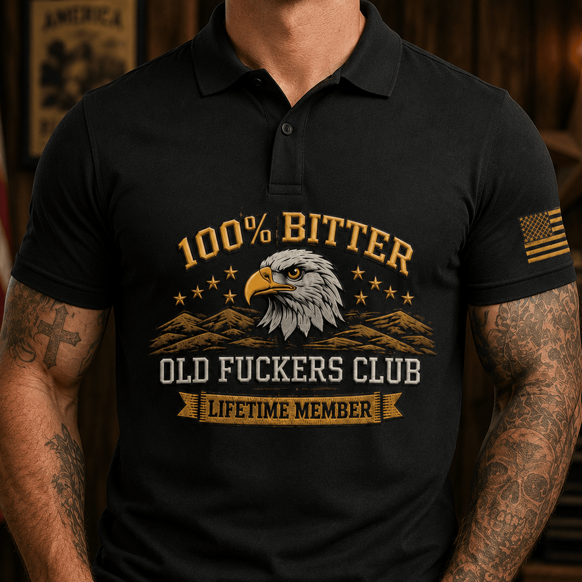 Bitter Old Fuckers Club Lifetime Member Printed Polo Shirt Eagle Graphic Veteran Gift for Dad Grandpa Patriotic Polo