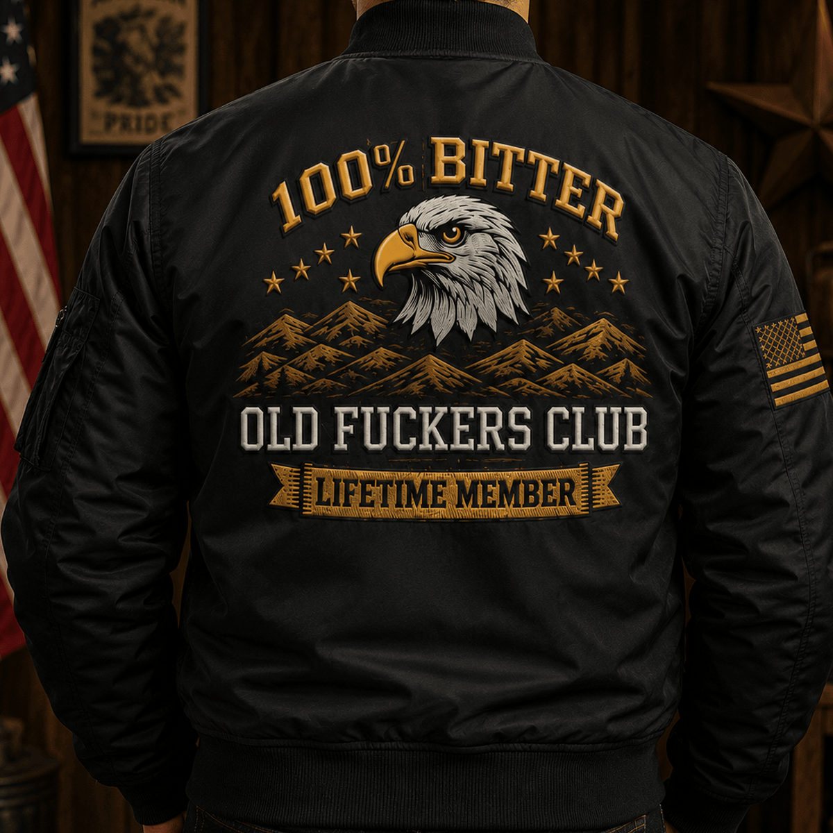 Bitter Old Fuckers Club Lifetime Member Printed Bomber Jacket Eagle Graphic Veteran Gift for Dad Grandpa Patriotic Coat