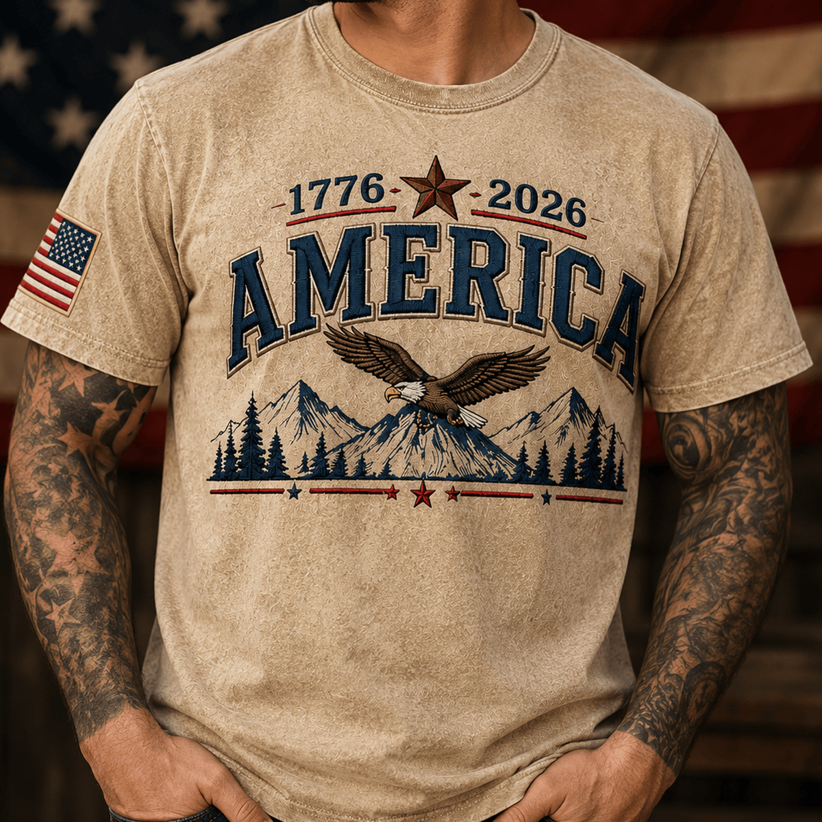 1776–2026 America Bald Eagle Mountain Printed T Shirt Patriotic USA Flag 250th Anniversary Independence Day Veteran Gift