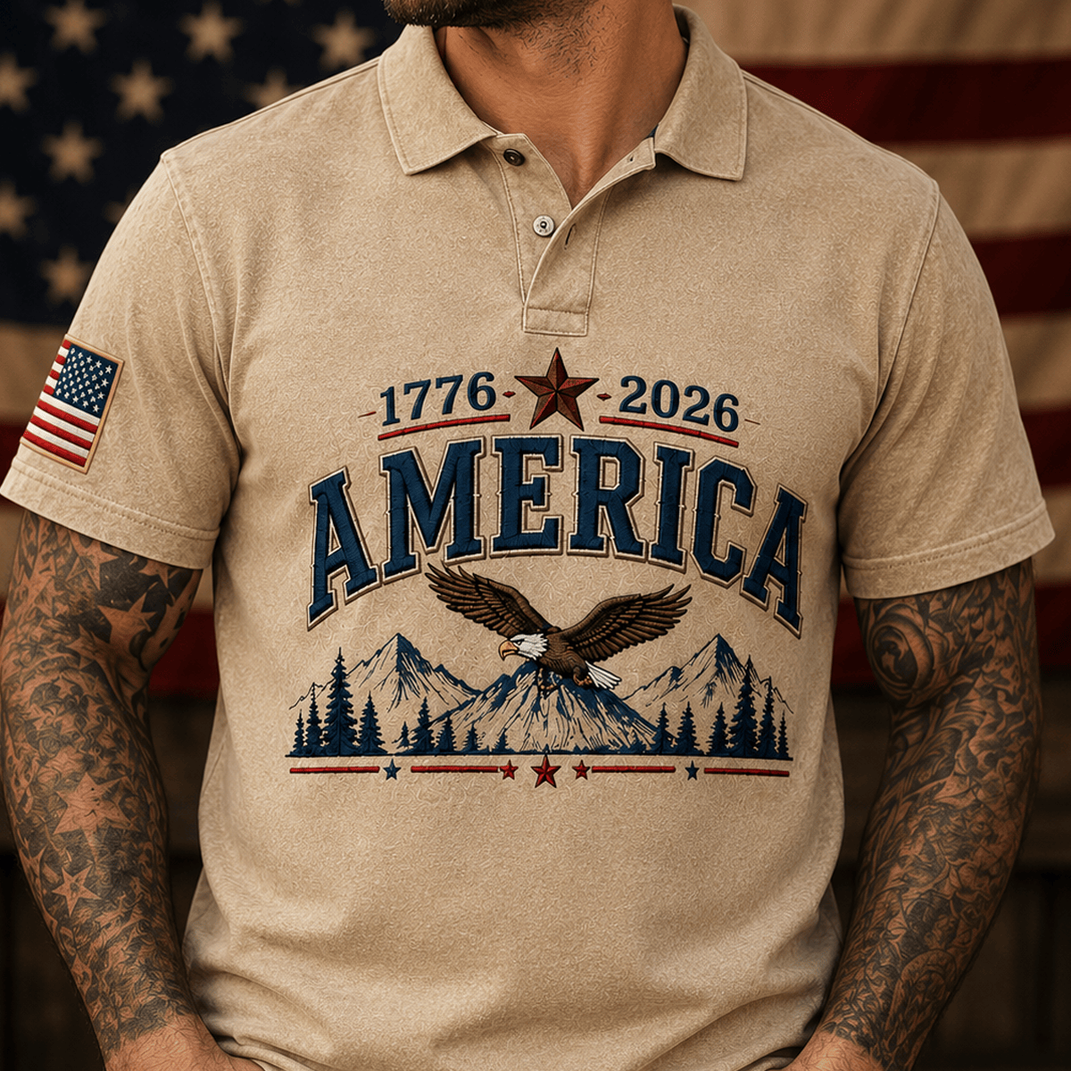 1776–2026 America Bald Eagle Mountain Printed Polo Shirt Patriotic USA Flag 250th Anniversary Independence Day Veteran Gift