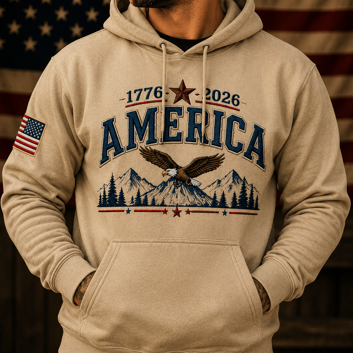 1776–2026 America Bald Eagle Mountain Printed Hoodie Patriotic USA Flag 250th Anniversary Independence Day Veteran Gift