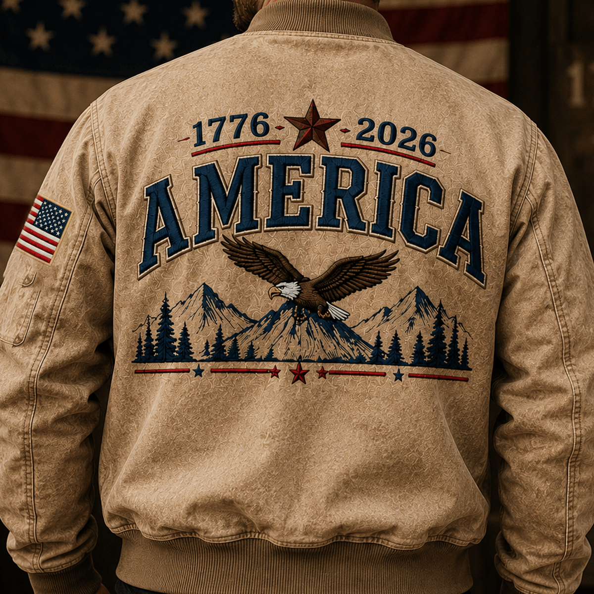 1776–2026 America Bald Eagle Mountain Printed Bomber Jacket Patriotic USA Flag 250th Anniversary Independence Day Veteran Gift