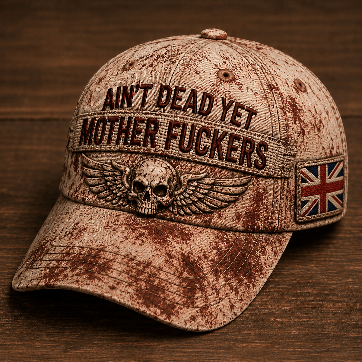 Ain't Dead Yet Mother Fuckers Skull Wings Printed Cap UK Flag Gift for Dad Grandpa Veteran Biker Motorcycle Rider Vintage