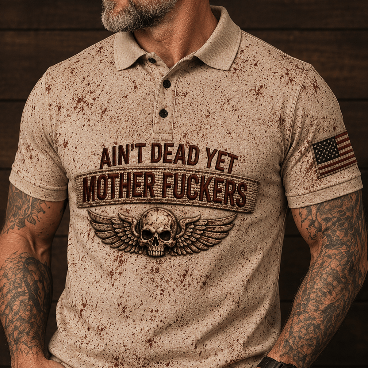 Ain't Dead Yet Mother Fuckers Skull Wings Printed Polo Shirt Patriotic Gift for Dad Grandpa Veteran Biker Motorcycle Rider Vintage