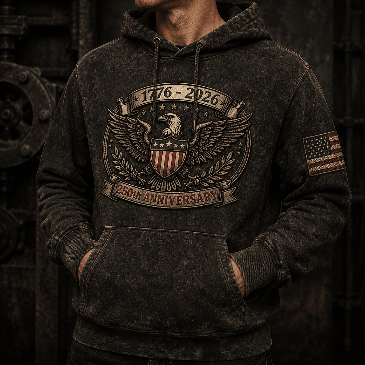 1776 2026 250th Anniversary Eagle Printed Hoodie Patriotic Gift for Men America 250 Years Independence Day Veteran Gift