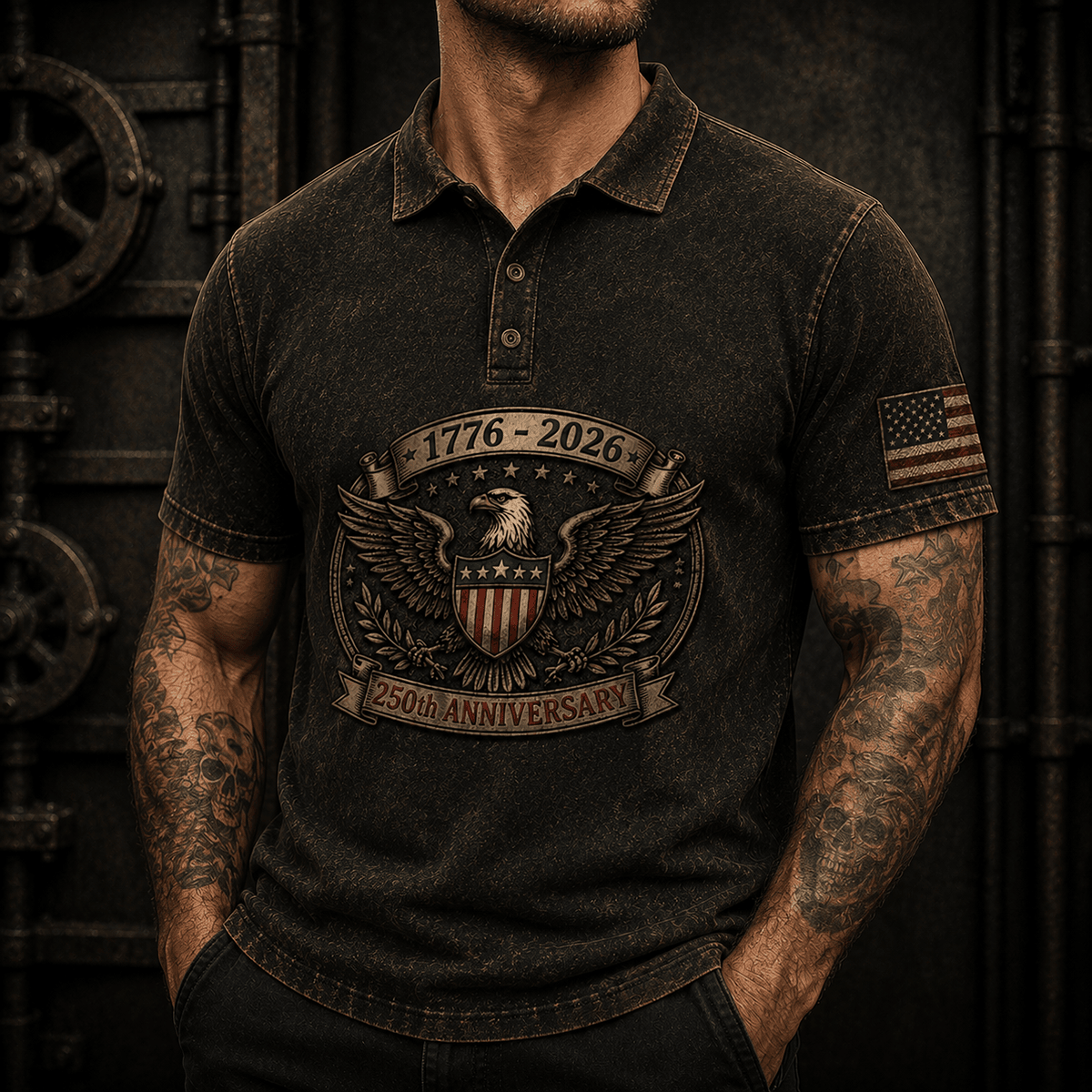 1776 2026 250th Anniversary Eagle Printed Polo Shirt Patriotic Gift for Men America 250 Years Independence Day Veteran Gift